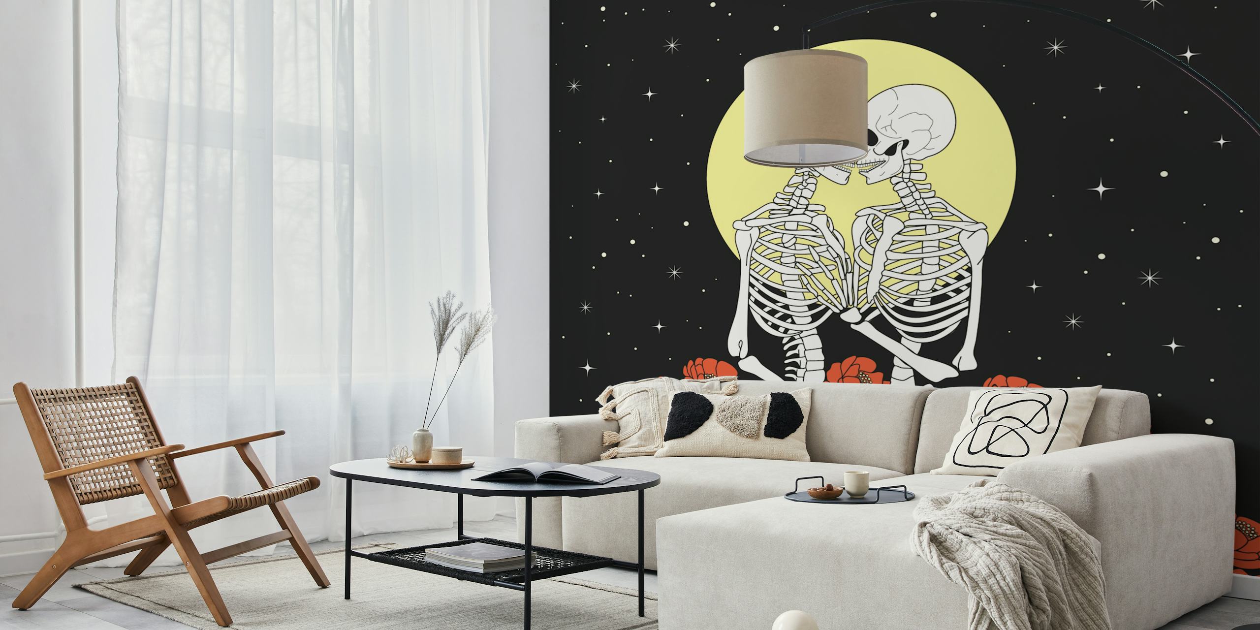 Skeleton lovers wallpaper in a room setting