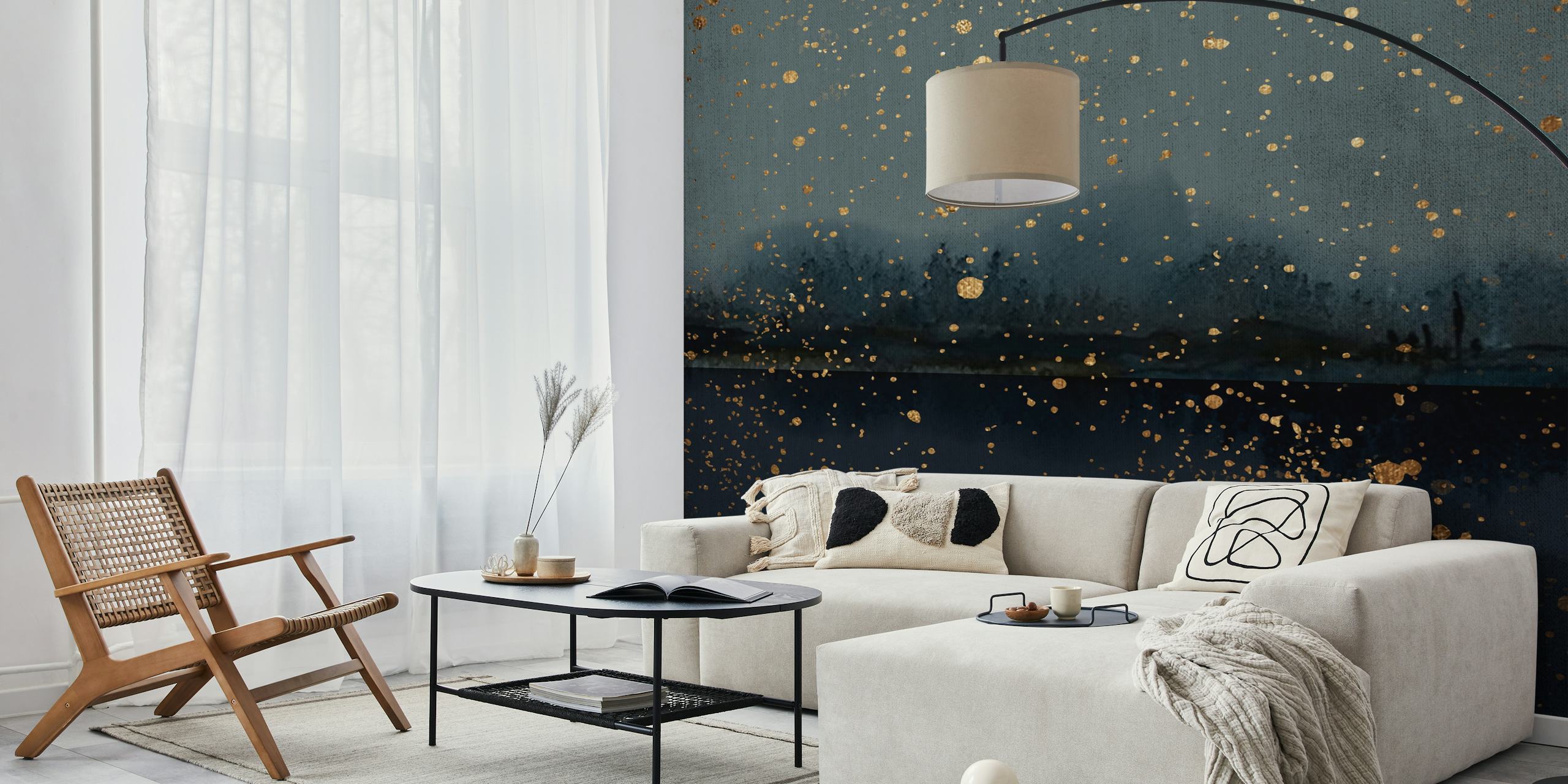 Dark blue wallpaper with gold splashes and abstract patterns