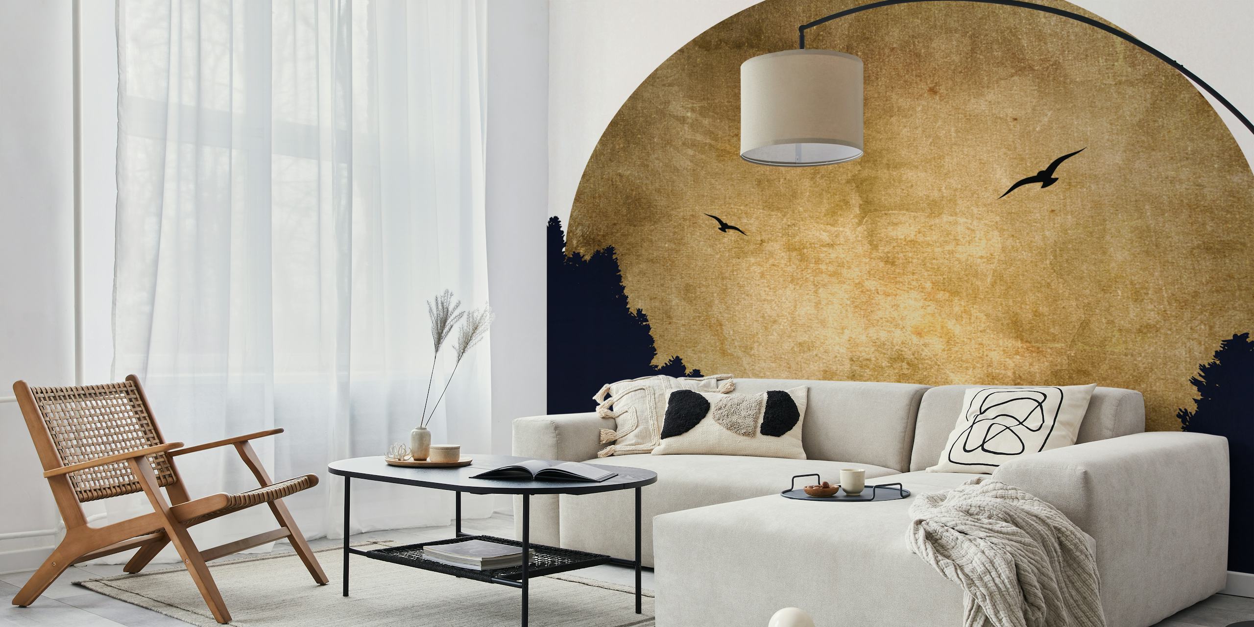 Sepia-toned sunrise wall mural with birds in silhouette