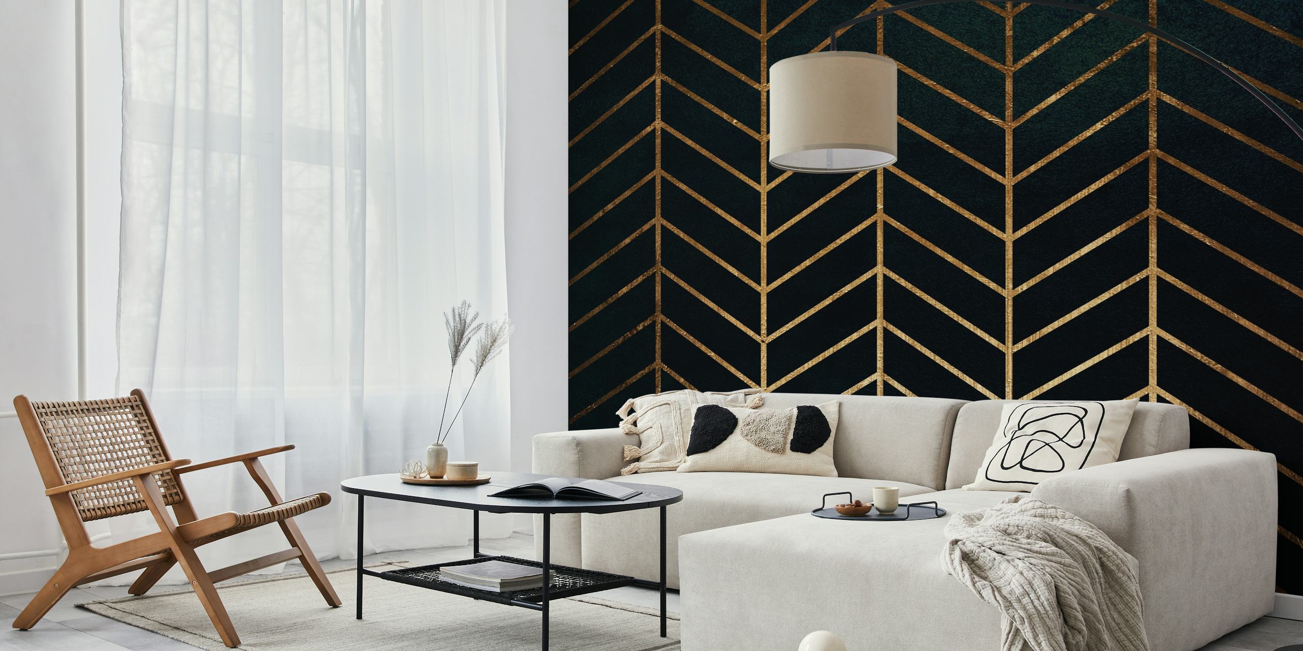 Geometric black and gold pattern wallpaper, art deco style
