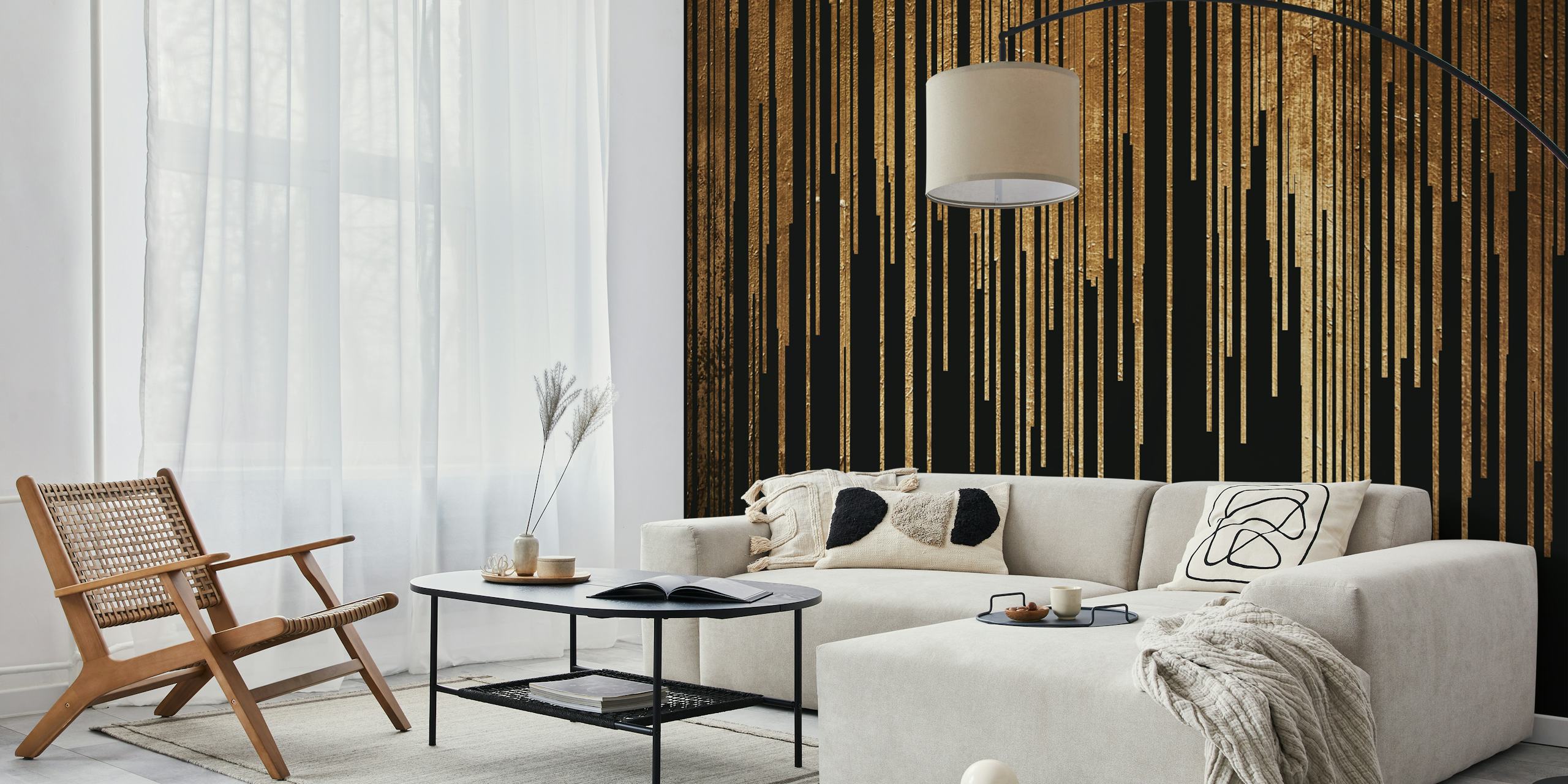 Abstract vertical lines in gold and black wallpaper