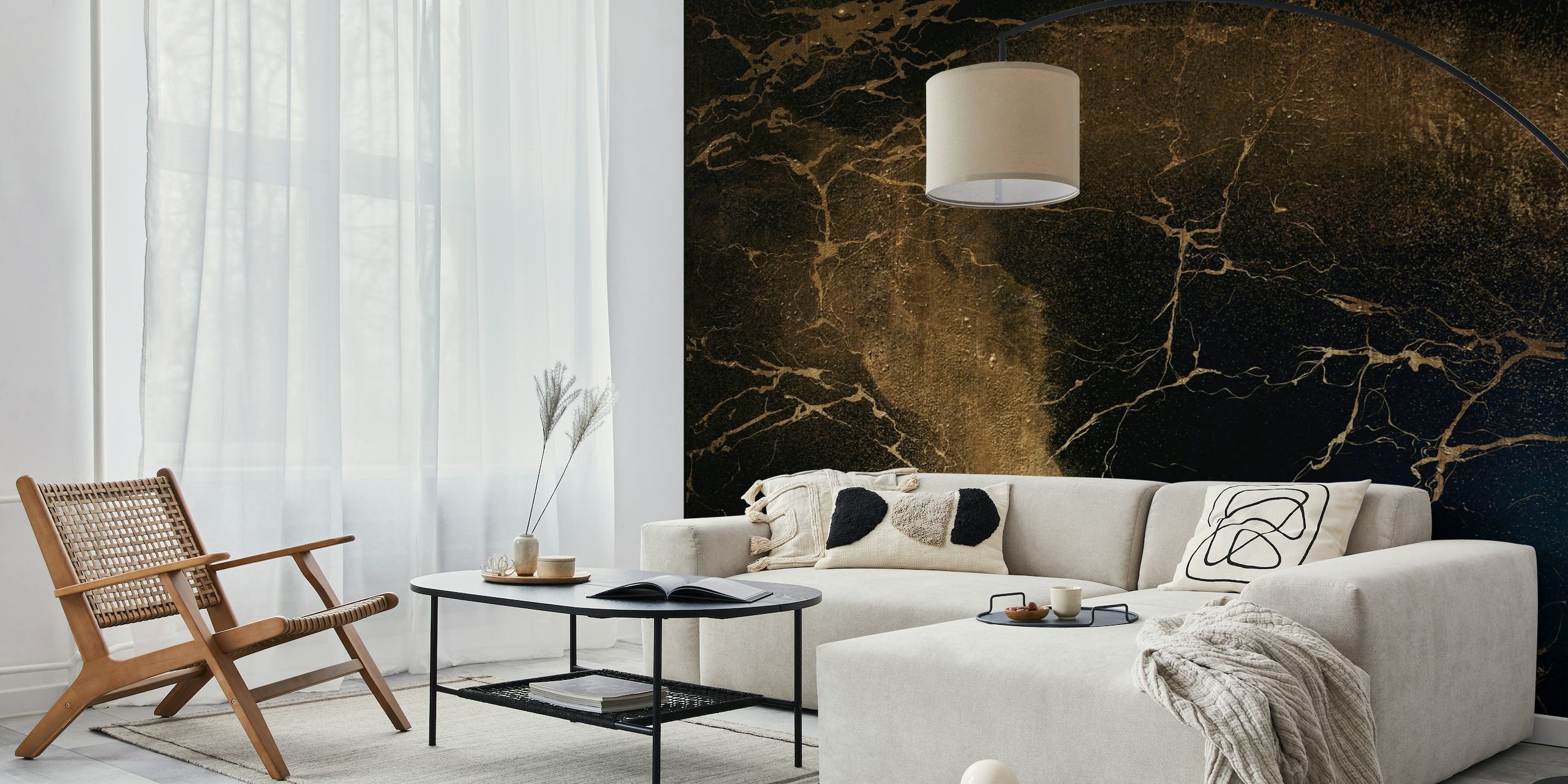 Siddharta wall mural featuring deep hues with gold lines