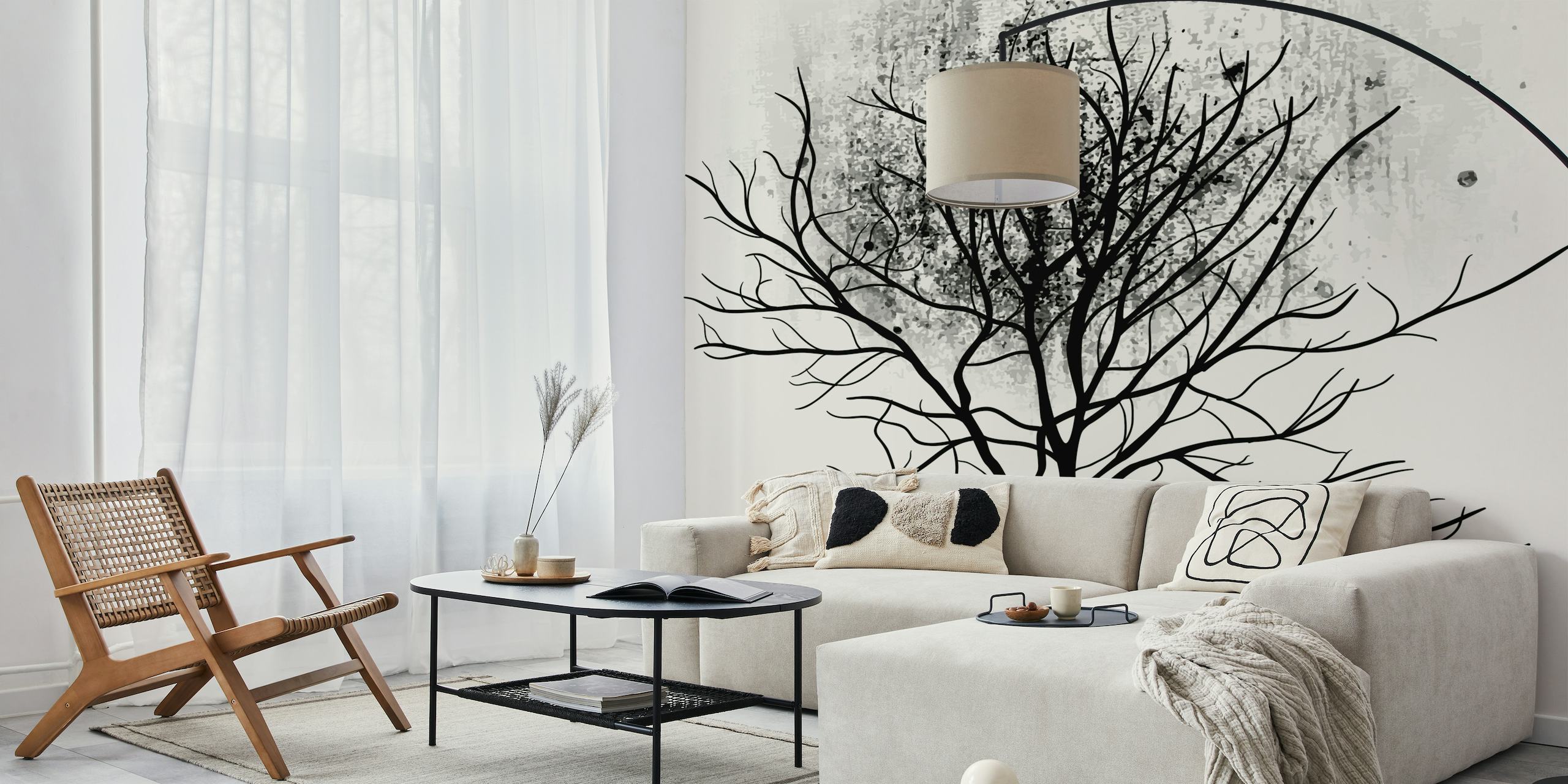 Monochrome wall mural of a dark oak tree silhouette on a textured grey background for modern interior decor