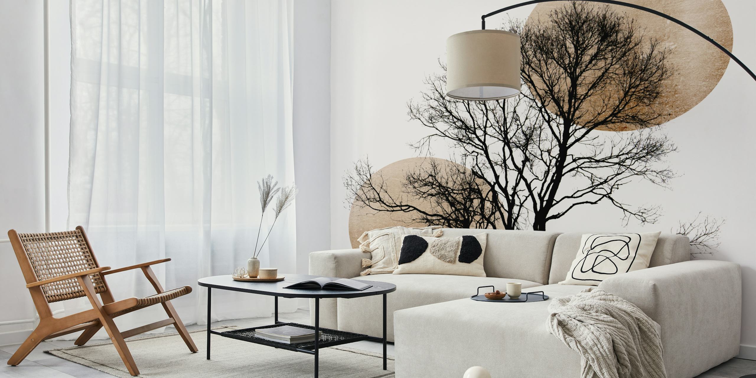 Black and white abstract tree design with circular shapes wallpaper