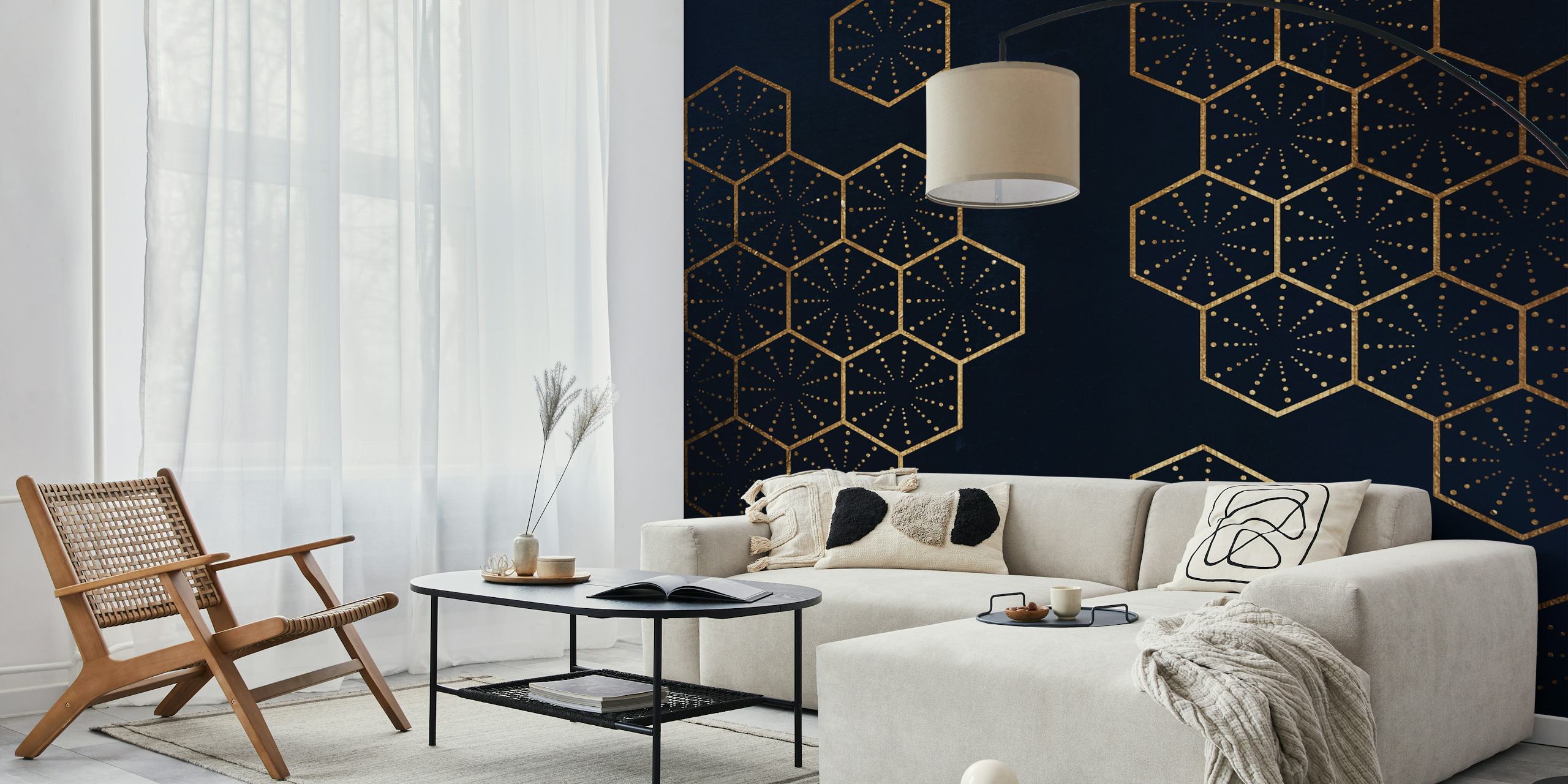 Navy geometric hexagon wallpaper with gold accents
