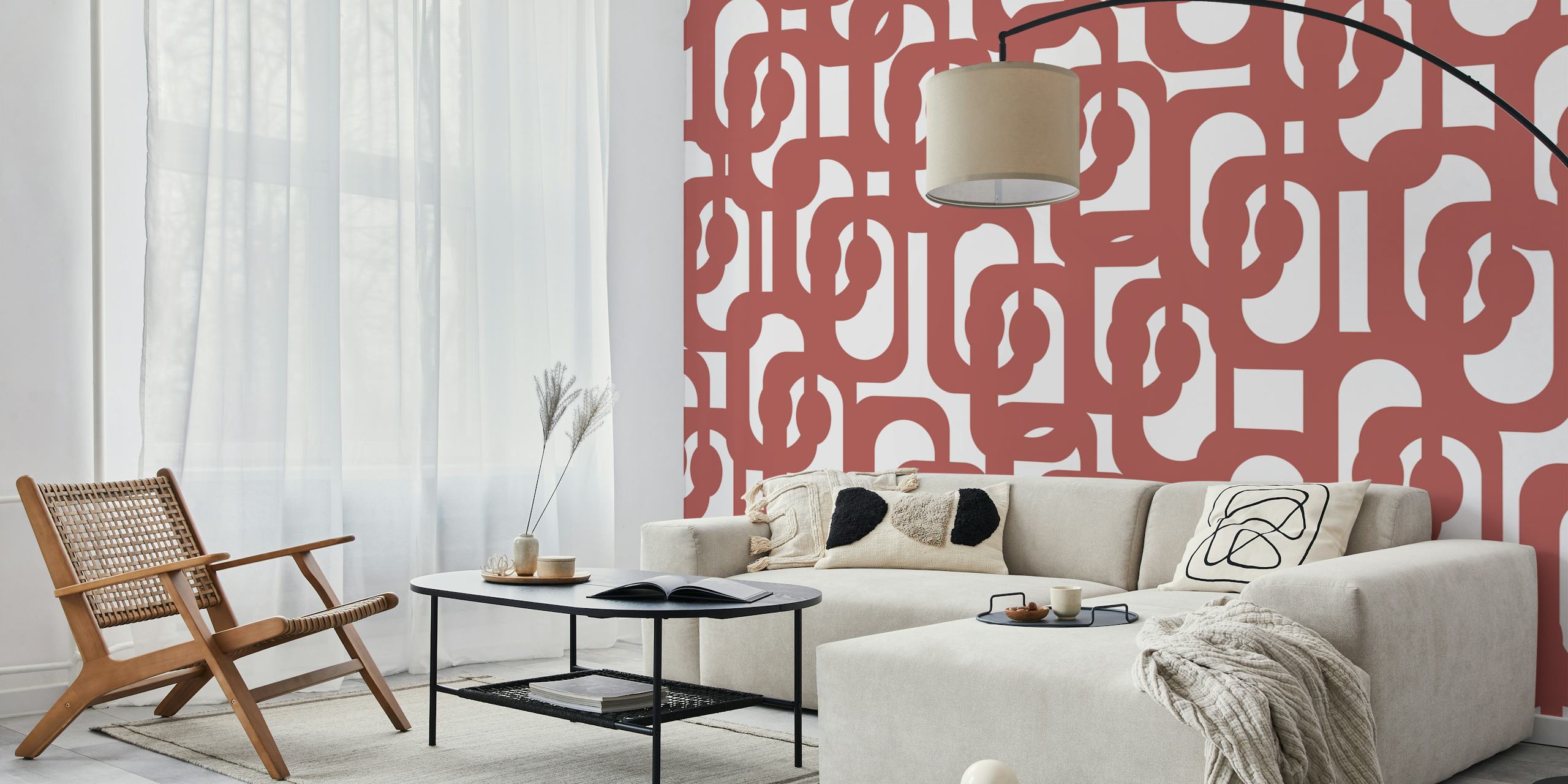 Maroon and white mid century modern loops wallpaper