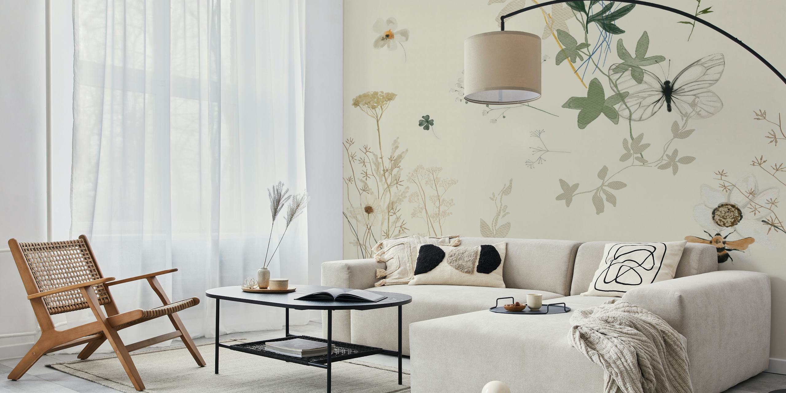 Sage green wallpaper with floral and butterfly motifs