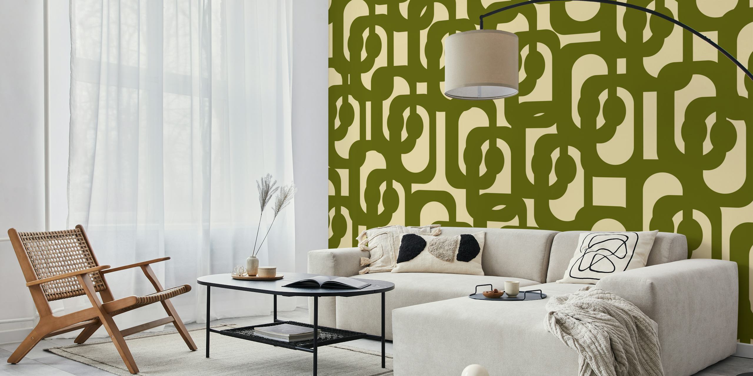 Mid Century Modern Loops Pattern Olive Green papel pintado en una habitación