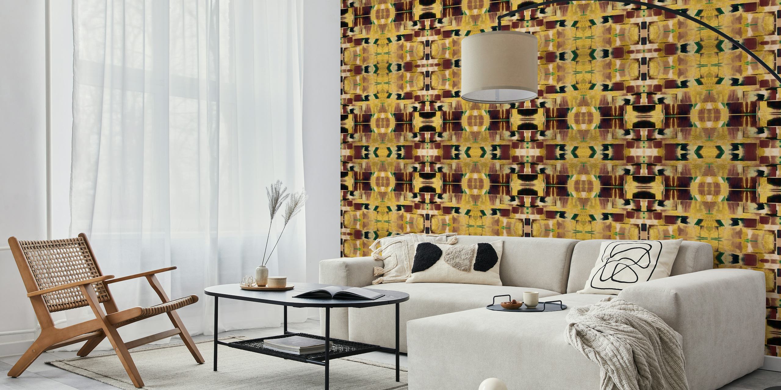 Art Deco-inspired wall mural with gold and brown geometric pattern