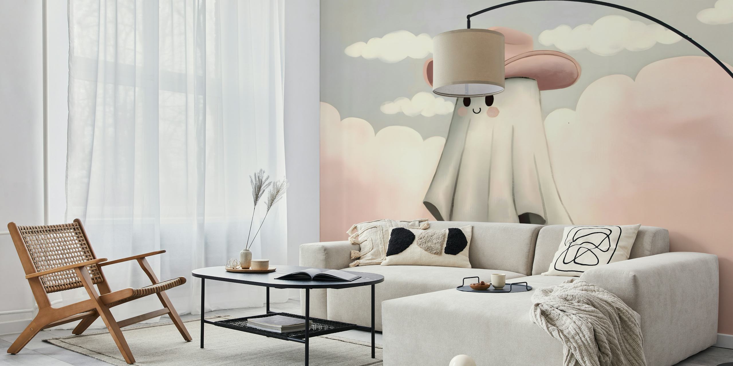 Cartoon ghost with a pink cowboy hat and fluffy clouds wallpaper