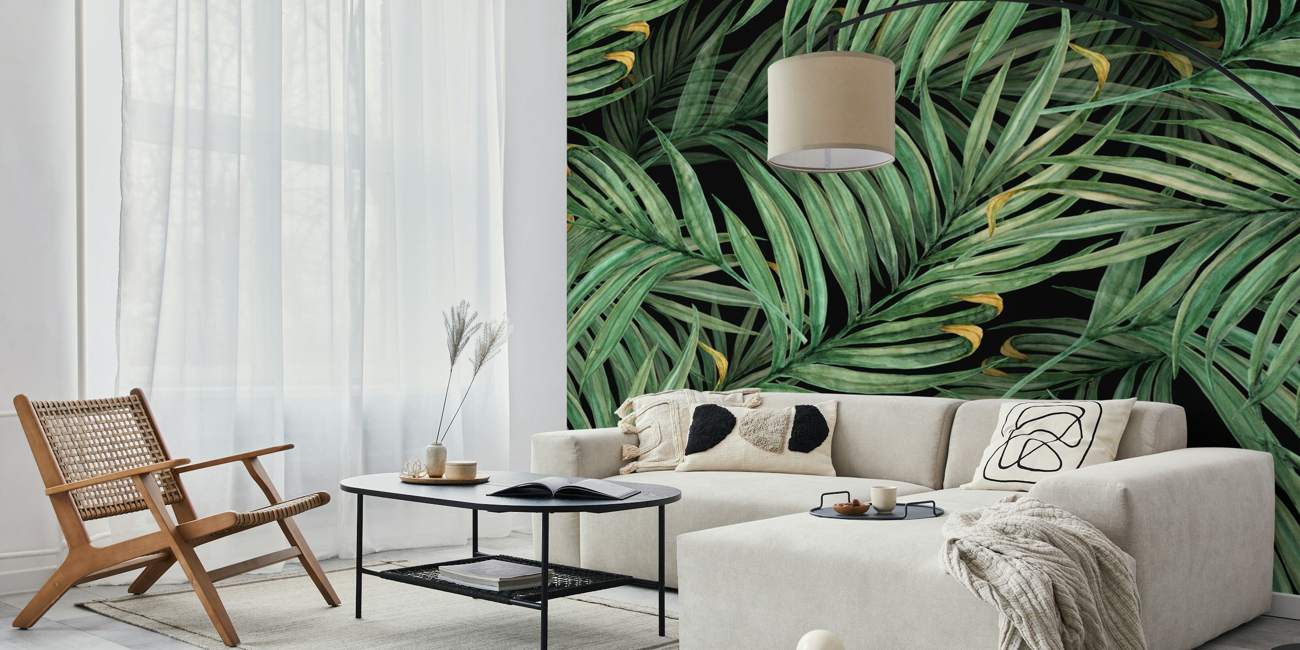 Palm leaves wallpaper on a black background