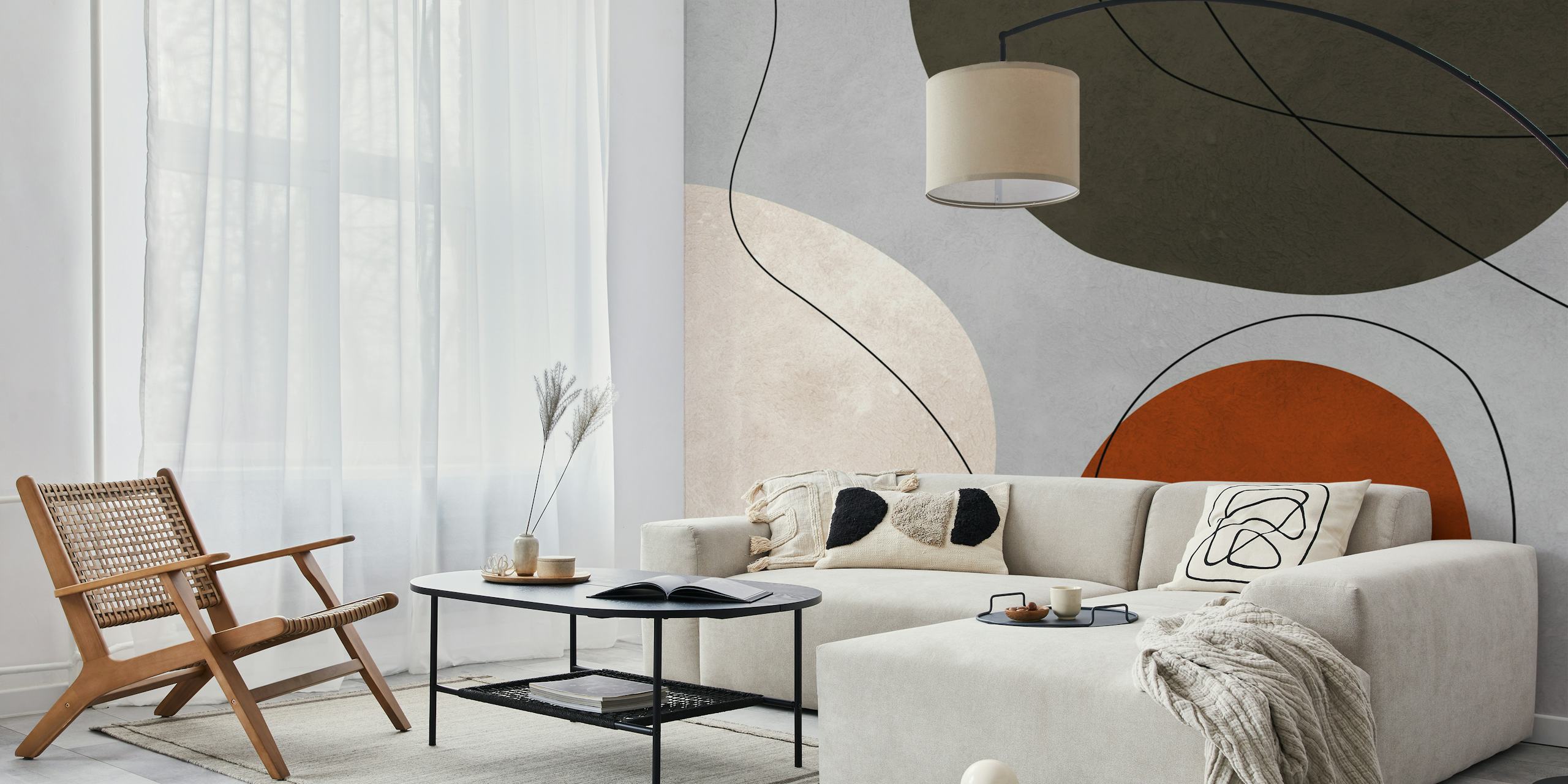 Abstract shapes in earthy tones: gray, terracotta, olive green wallpaper
