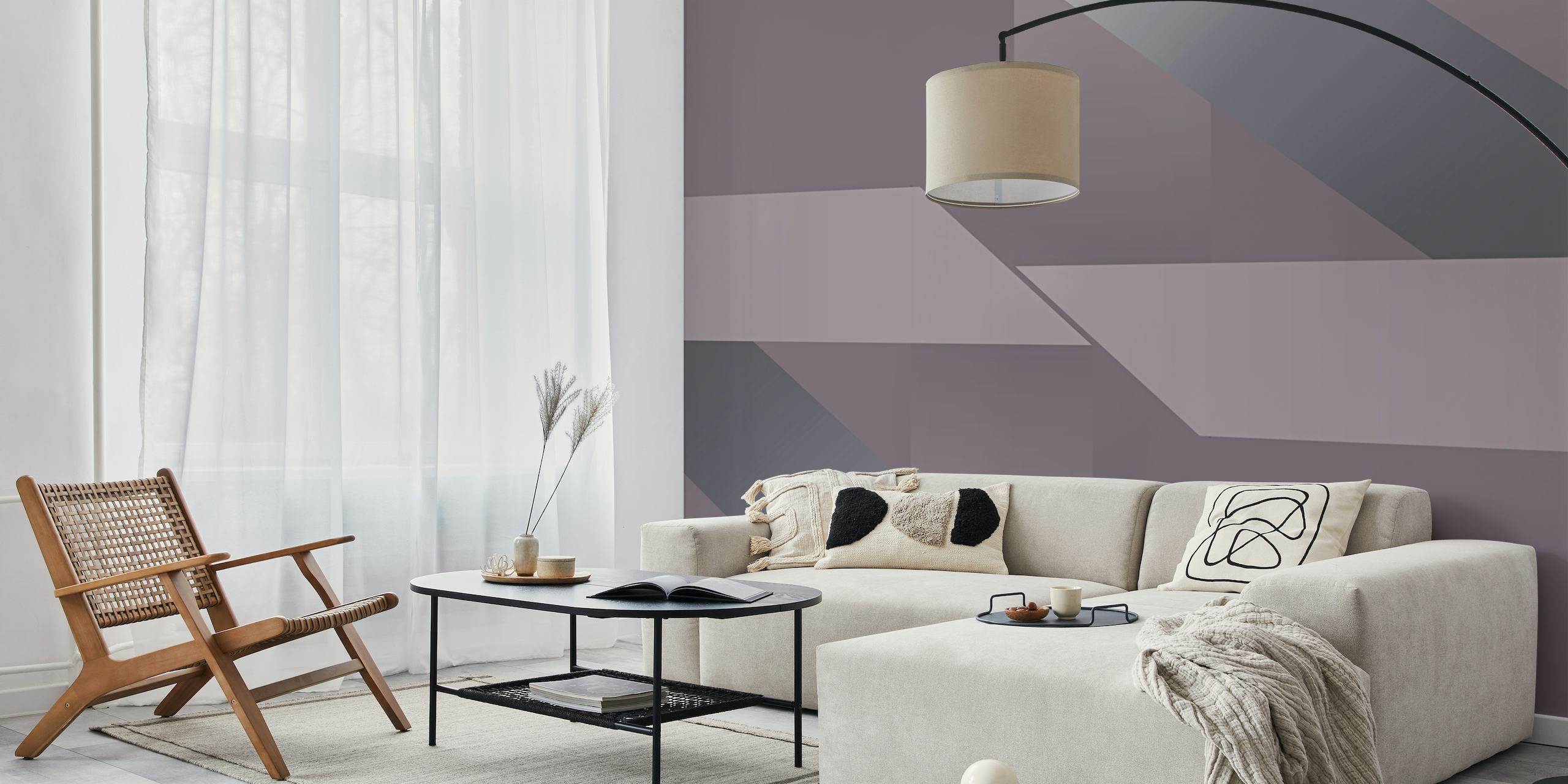 Abstract geometric wall mural in soft hues inspired by Japanese aesthetic