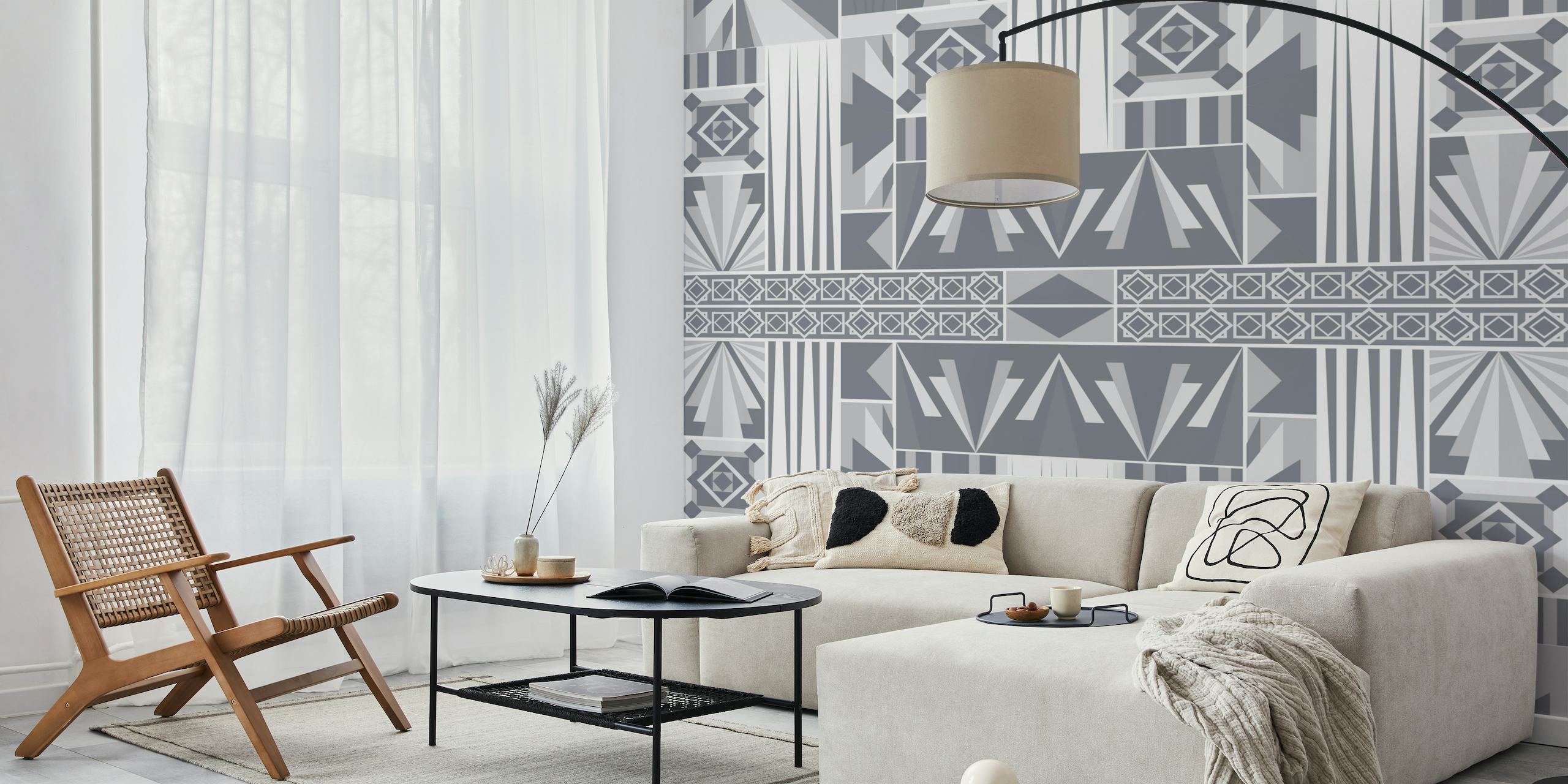 Art Deco style wall mural with geometric shapes in silver and gray