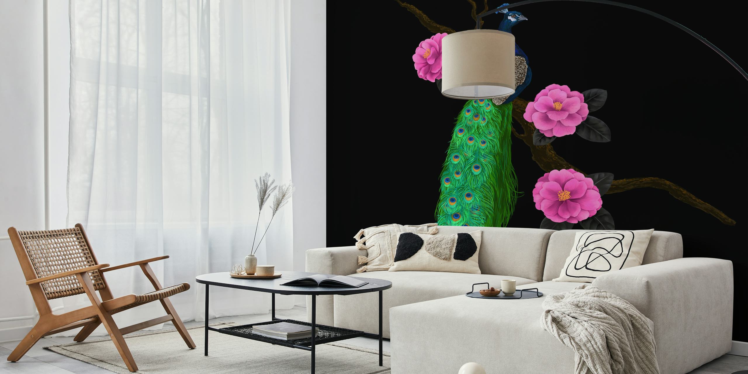Peacock with camellia flowers in a room