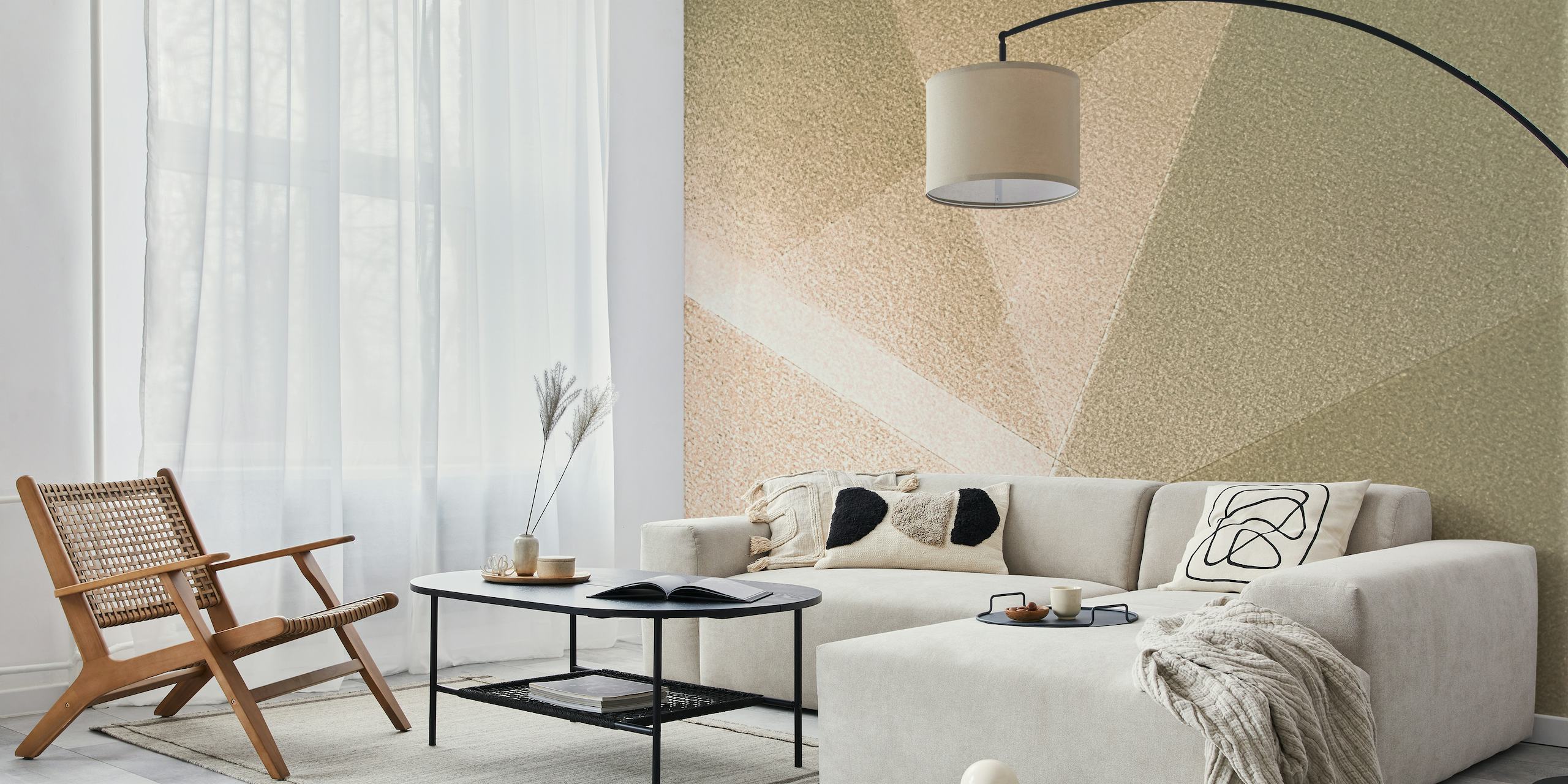Geometric pattern wall mural in shades of beige and gold creating a subtle light and shadow effect