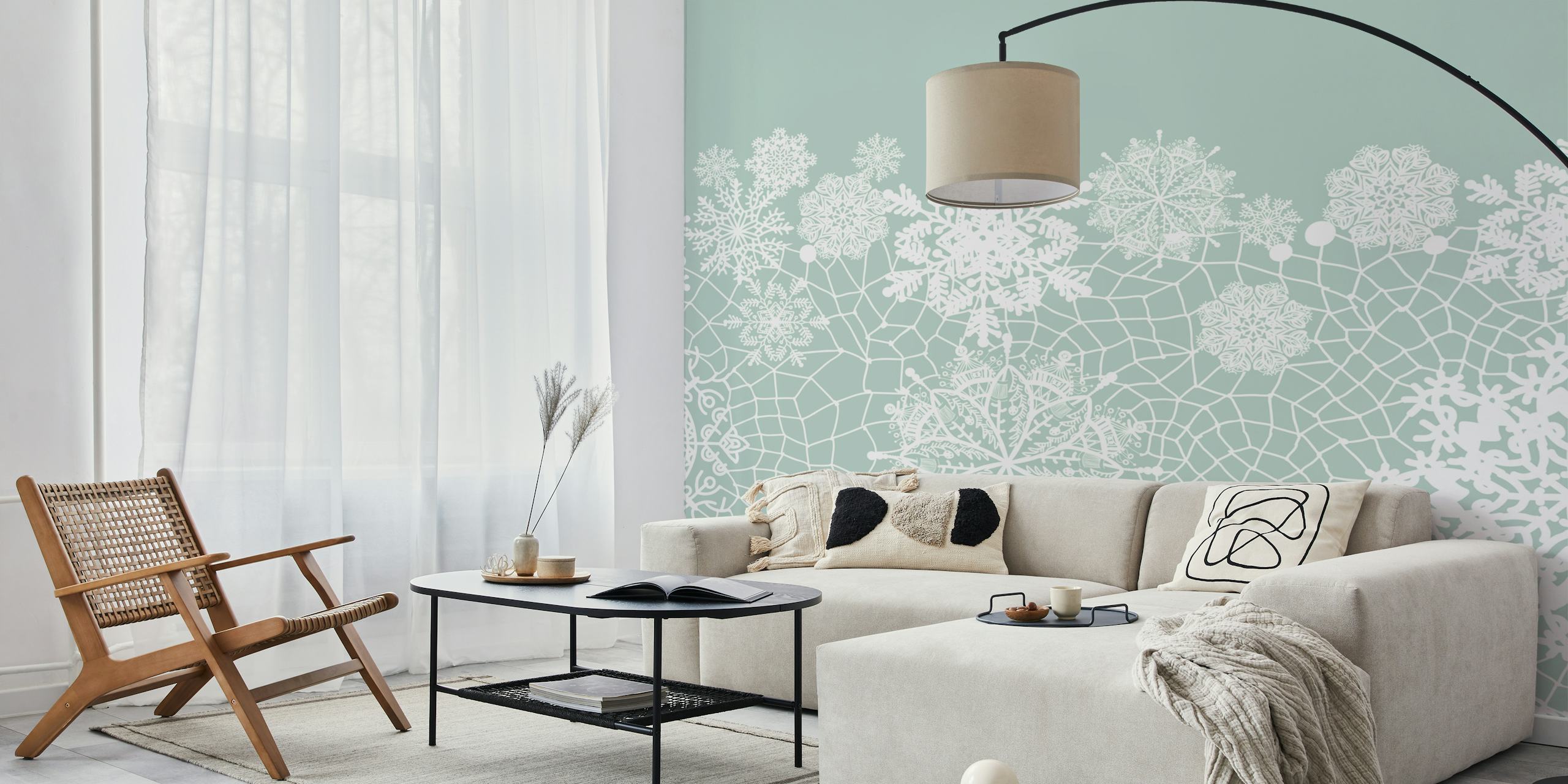 White snowflake lacework pattern on soft blue wallpaper