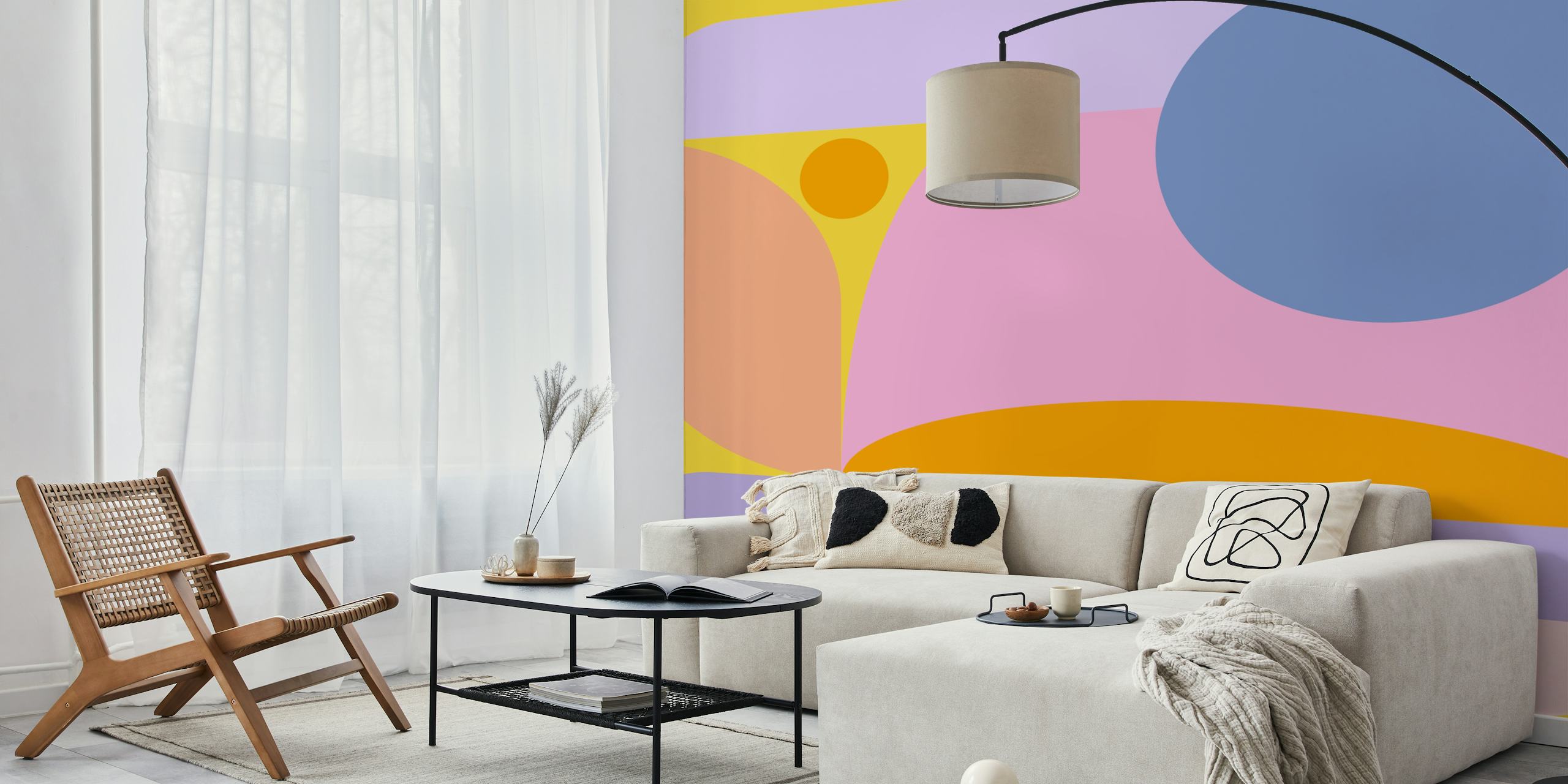 Colorful geometric shapes in orange, pink, purple on yellow wallpaper