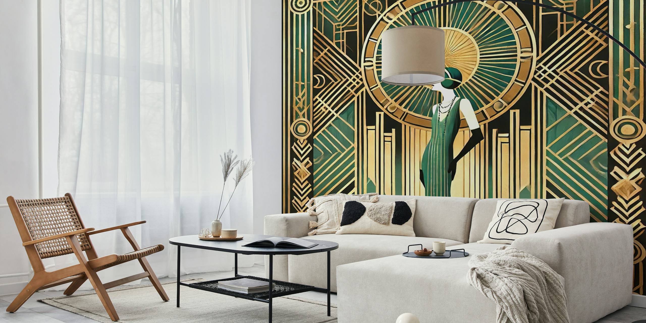 Art Deco wallpaper featuring a woman in green, gold geometric patterns