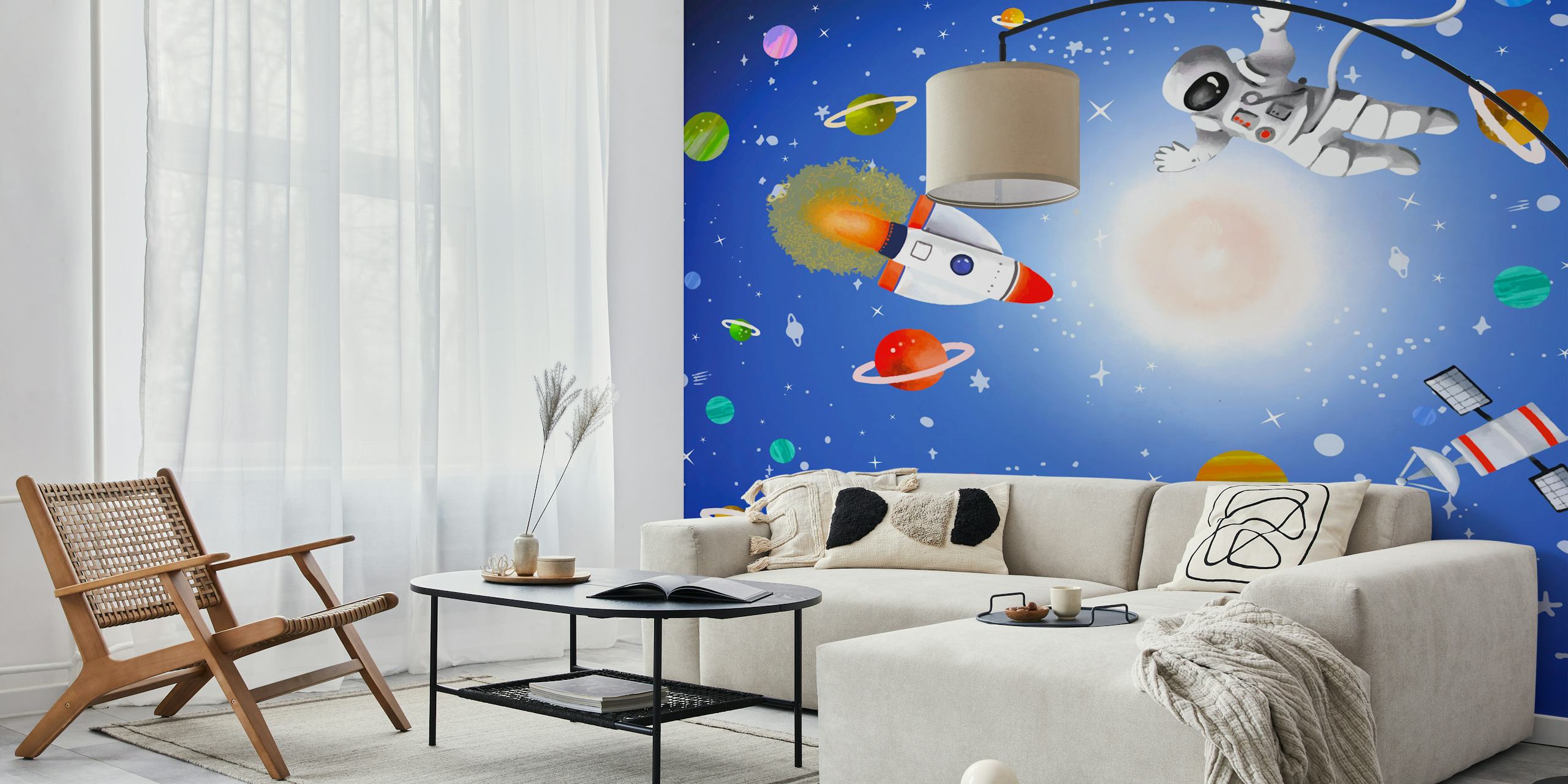 Colorful space scene with planets, rockets, astronaut, blue background wallpaper