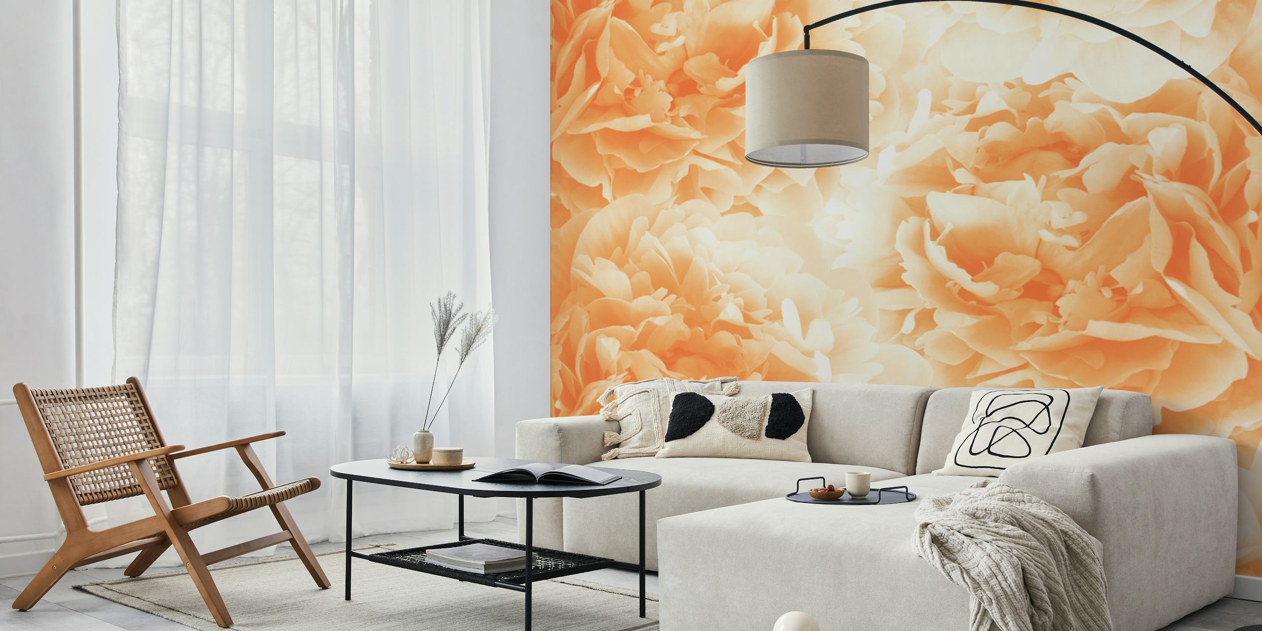 Lush orange peonies wall mural with detailed floral design