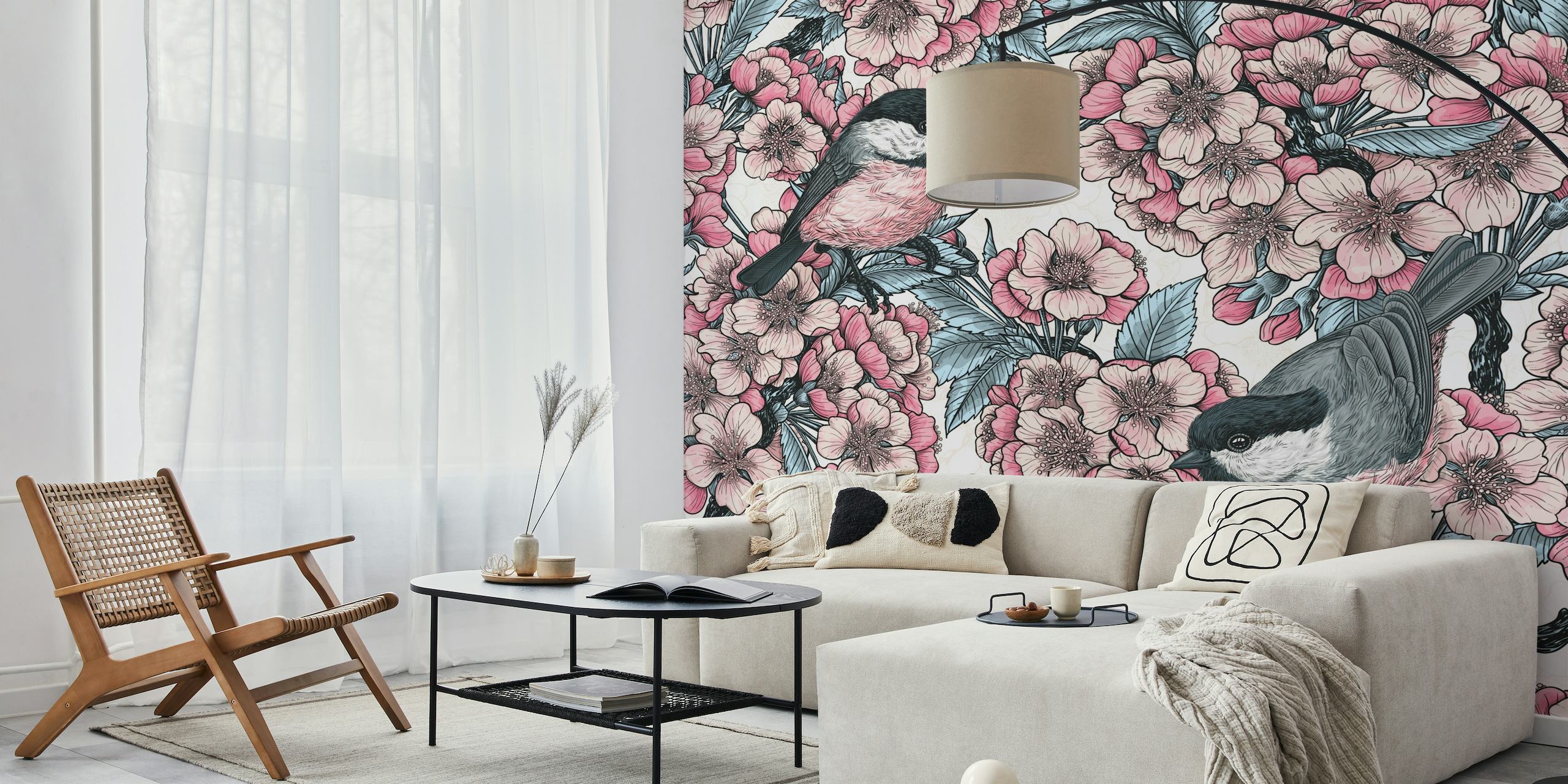 Cherry blossoms and chickadees wall mural on white background