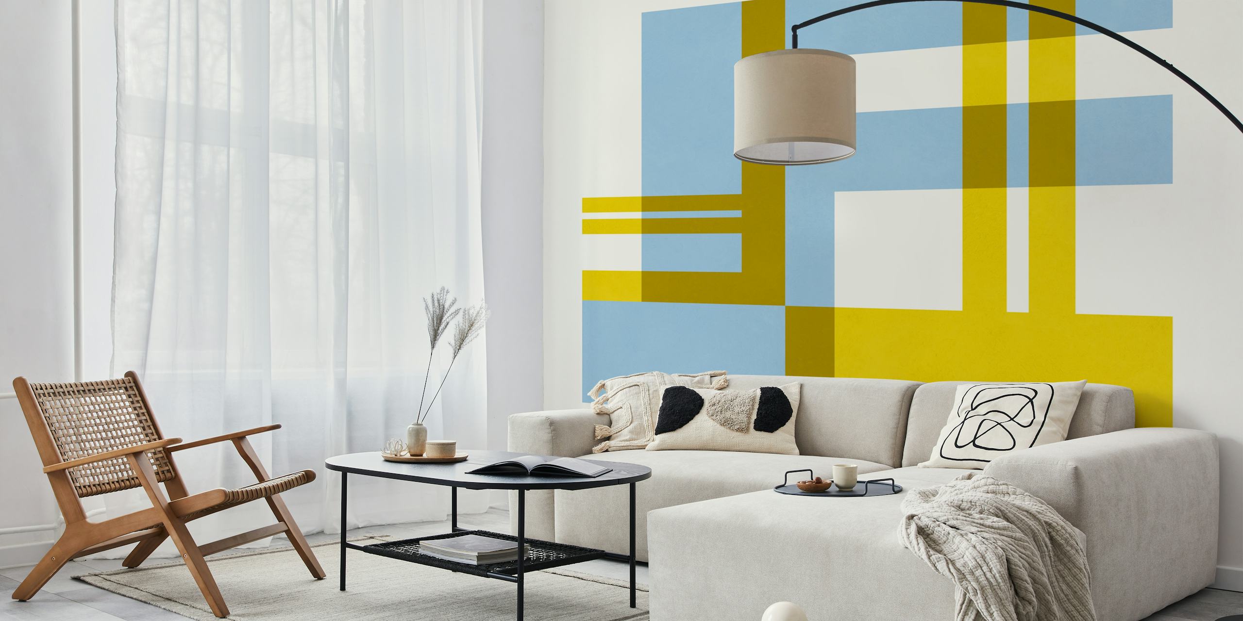 Geometric blue and yellow shapes on cream wallpaper