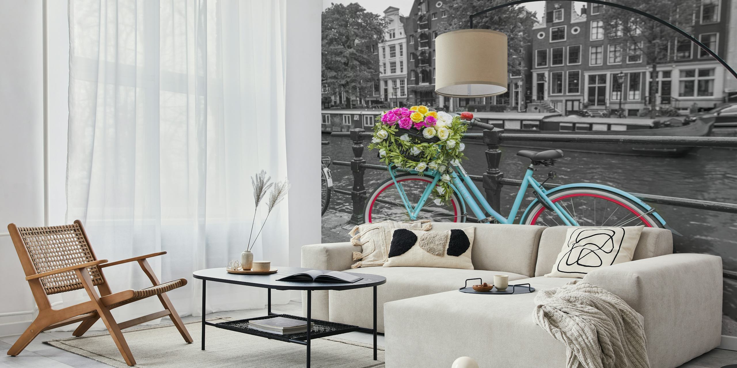 Floral bicycle wallpaper in modern room