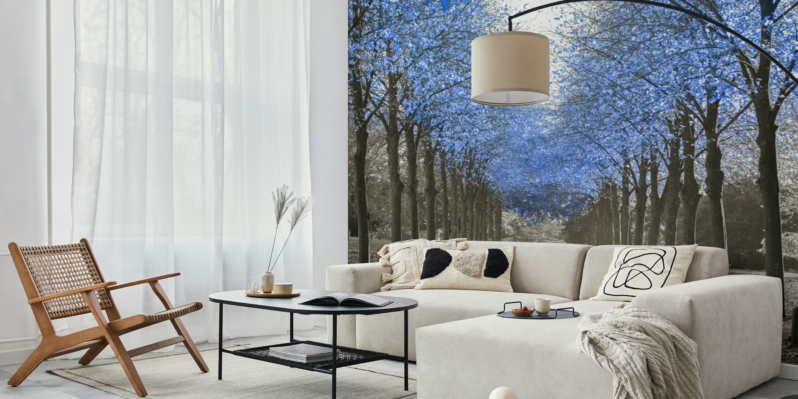Avenue of blue trees wallpaper in a room