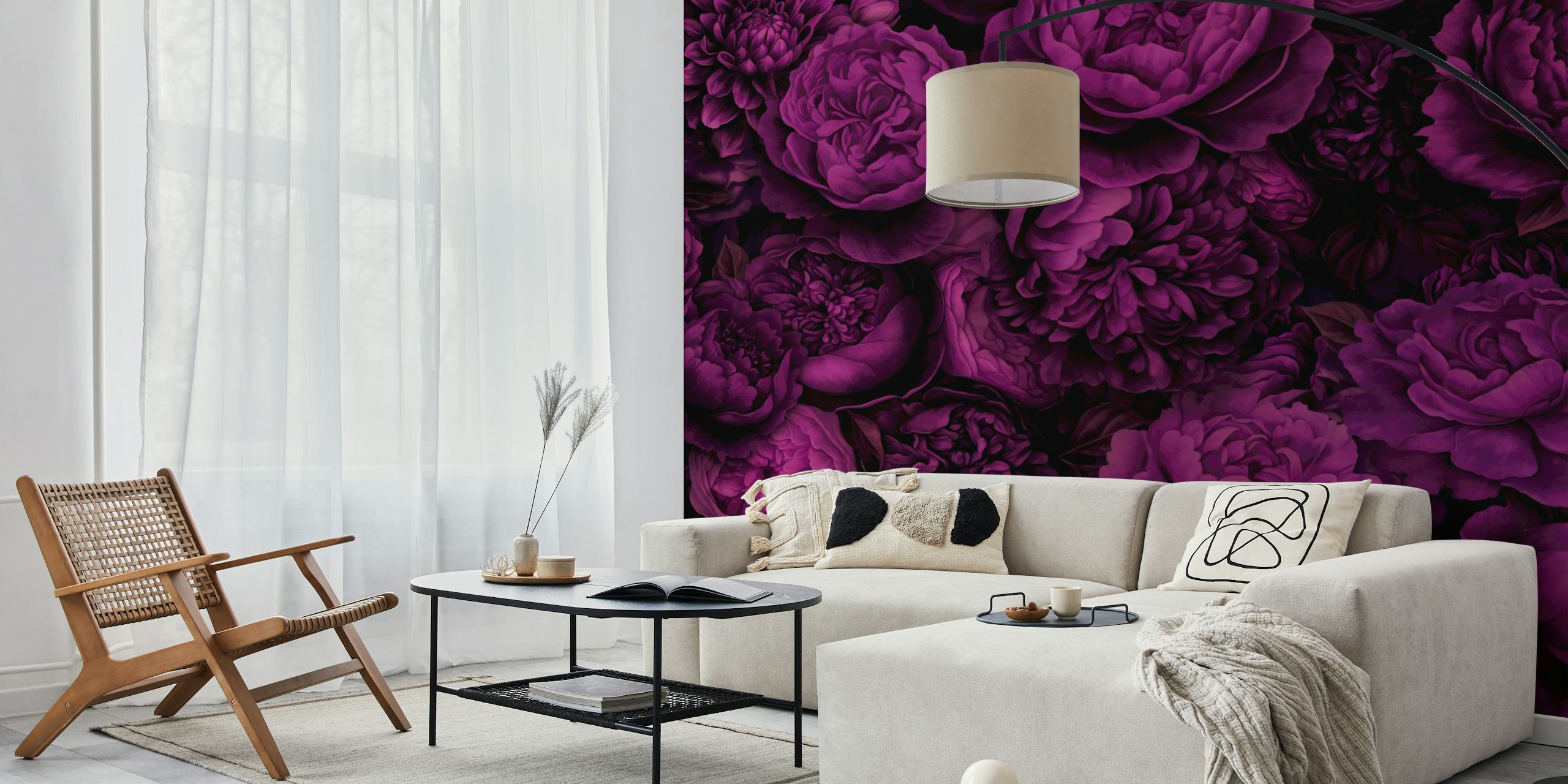 Floral design in fuchsia and purple tones on wallpaper