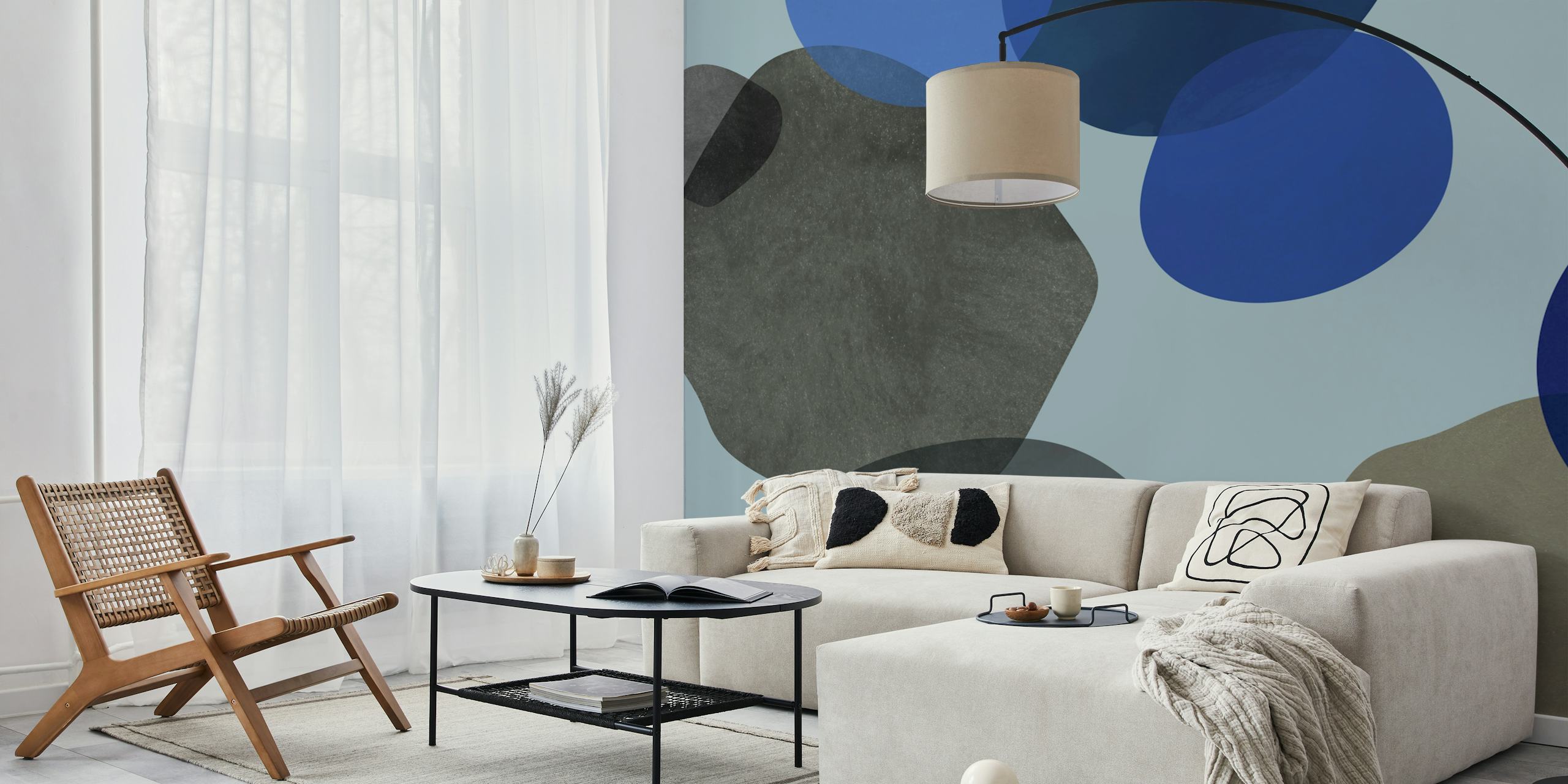Abstract curved shapes in blue and grey wallpaper