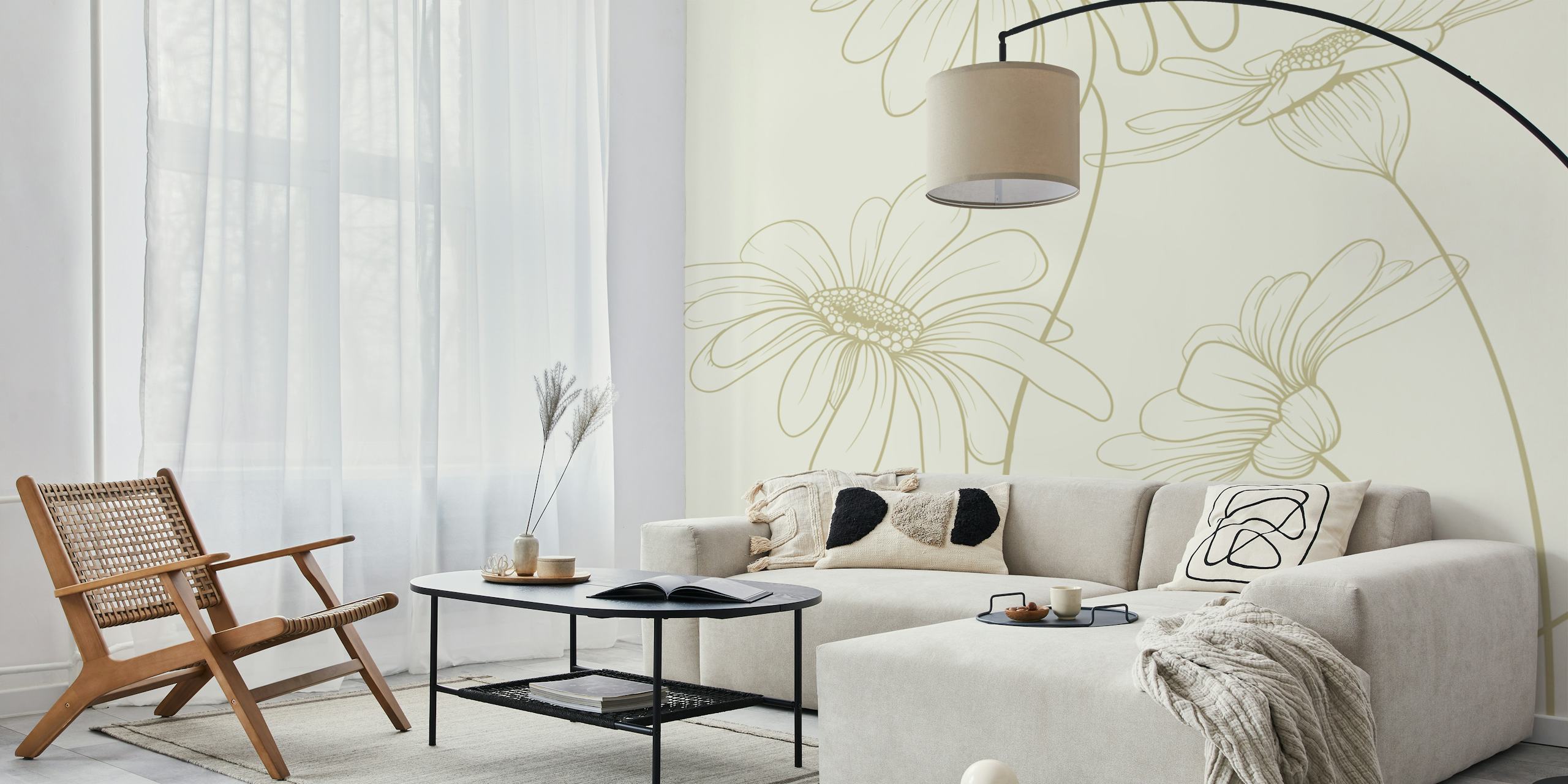 Floral wallpaper design with daisies on ivory