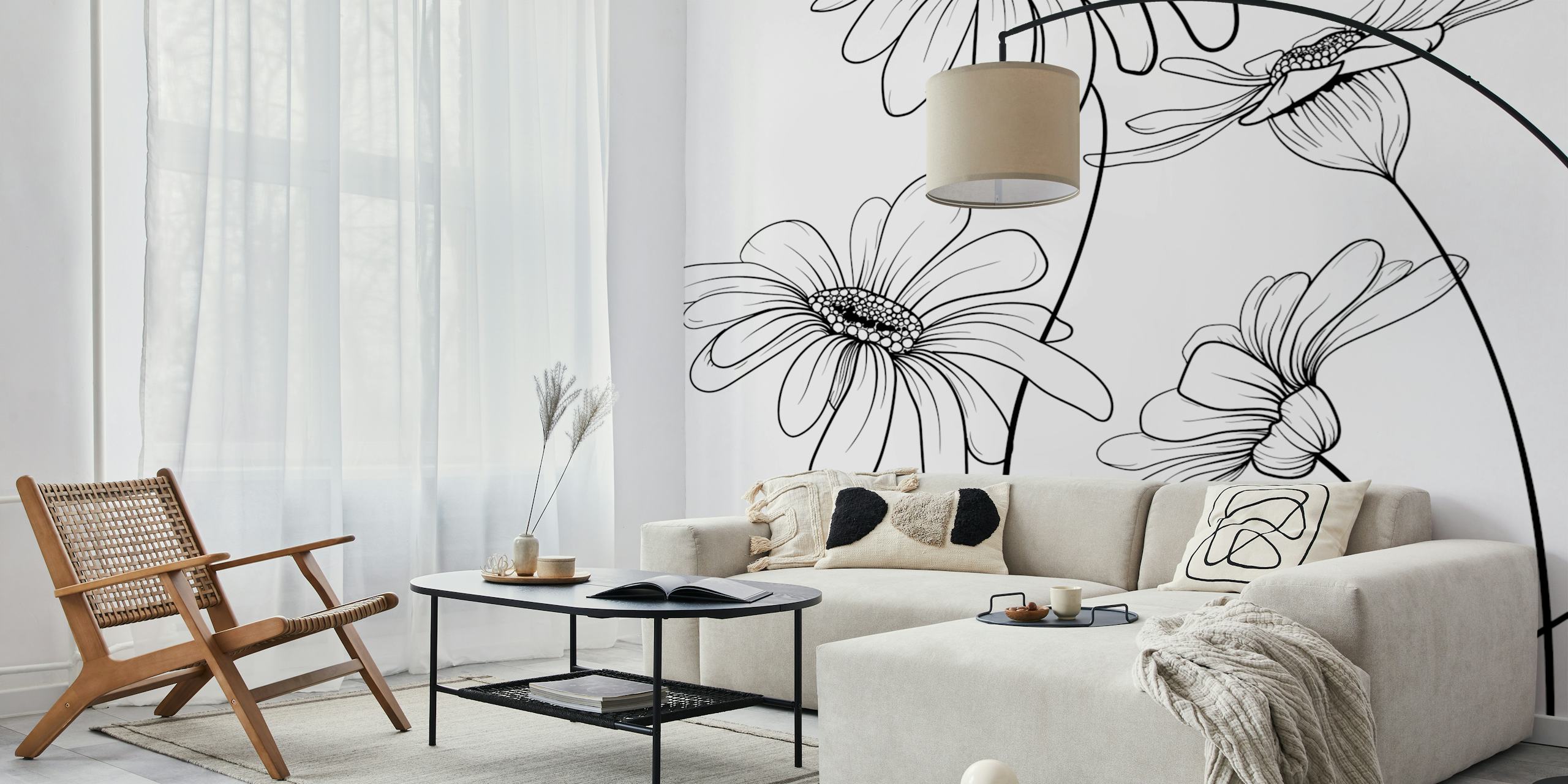 Lineart drawings of daisies on a white background black and white wallpaper