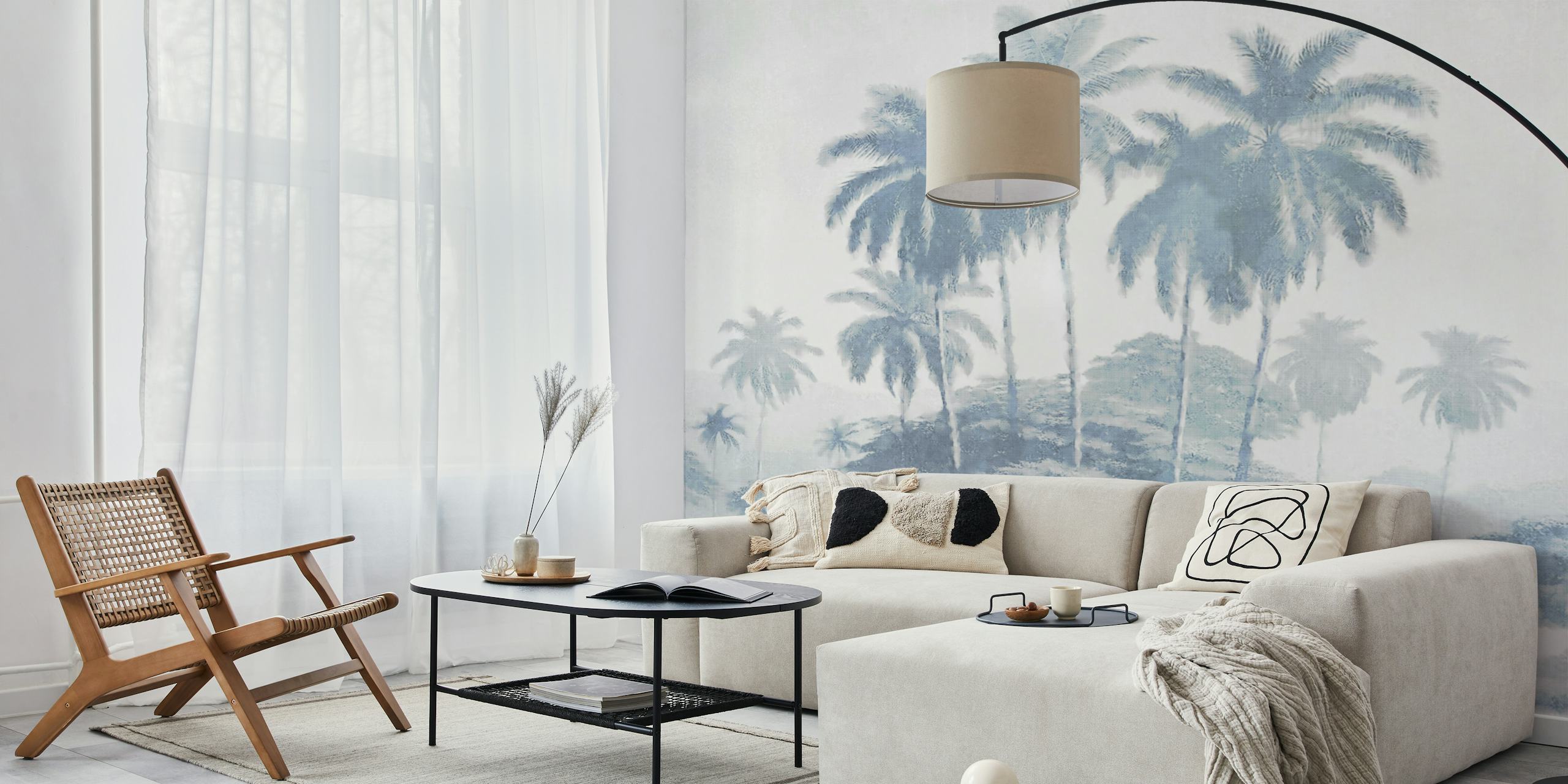 Vintage palm landscape wallpaper in soft blue tones, fine art style