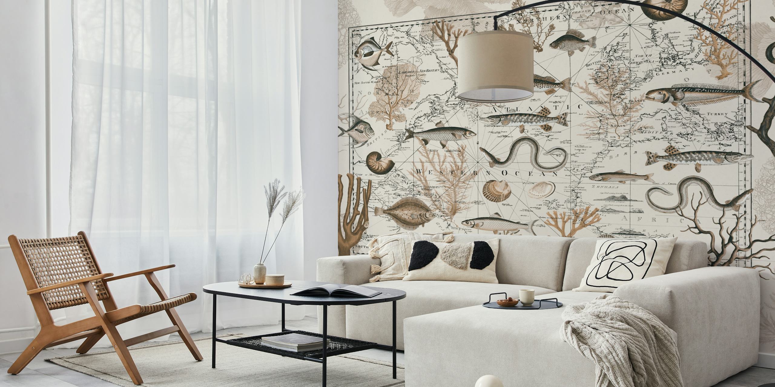 Vintage marine life map with beige tones features fish and coral wallpaper
