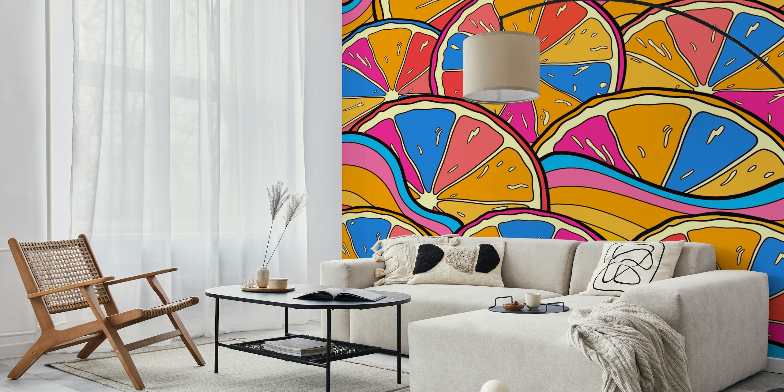 Colorful fruit slice wallpaper in a room