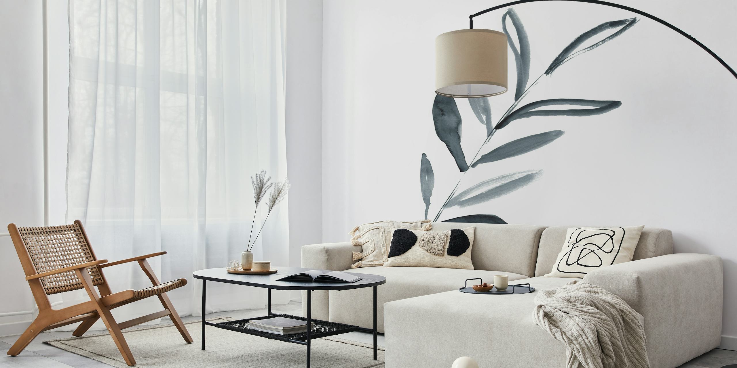 Monochrome hand-painted inky leaf sprig wall mural for a serene home decor ambiance.