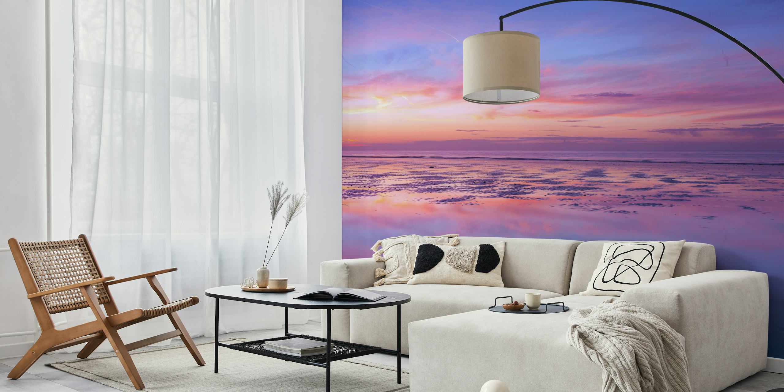 Ocean sunset scene with purple and blue hues wallpaper