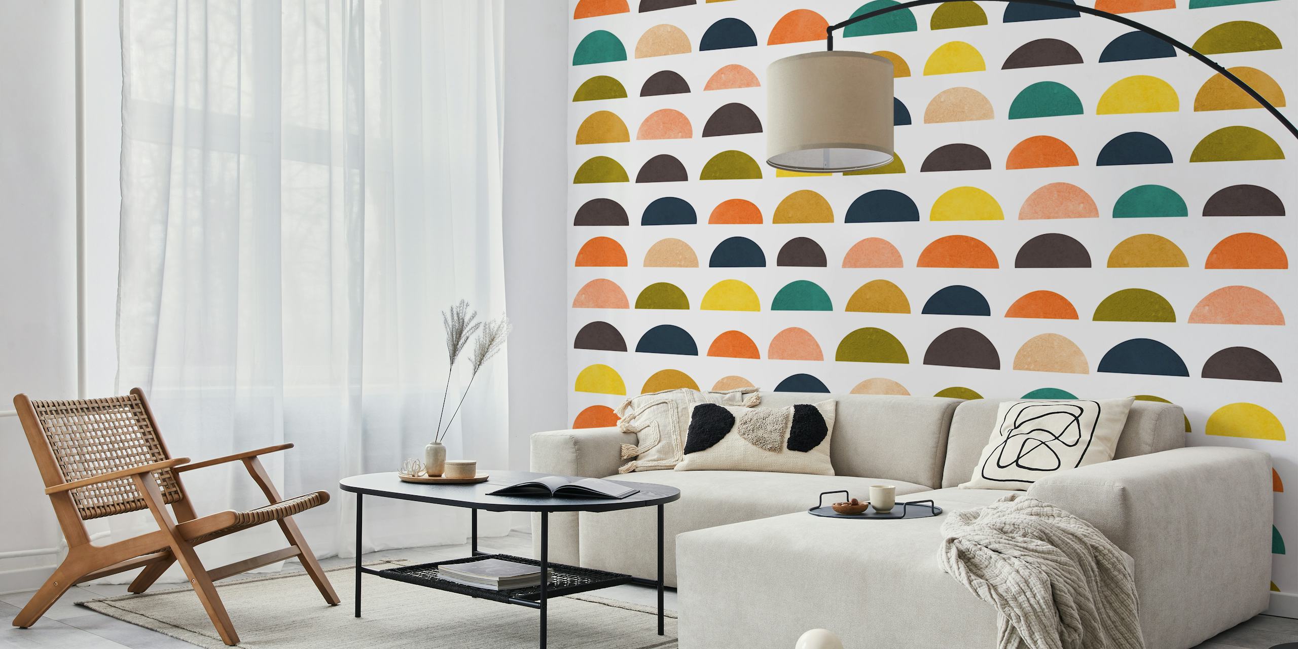 Geometric colorful circles in green, orange, navy, and yellow wallpaper