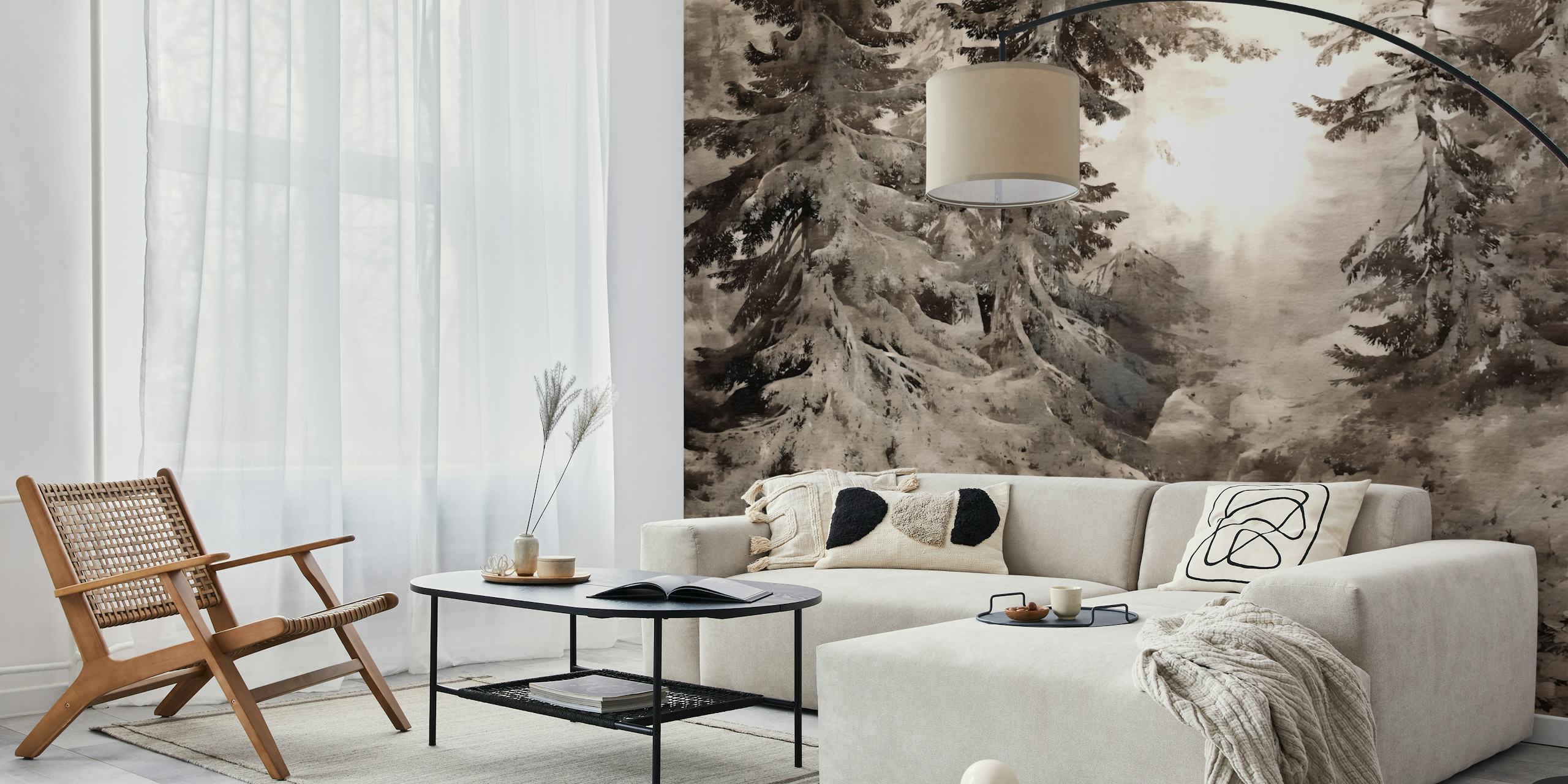 Tranquil mountain wallpaper in a cozy room