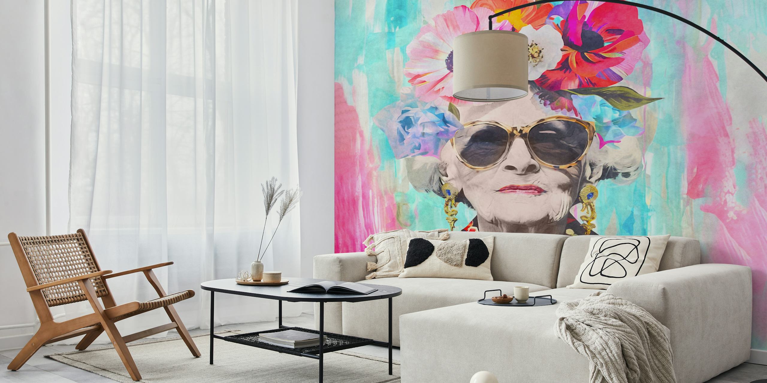 Vibrant floral portrait of an elderly woman with bright flowers, colorful wallpaper