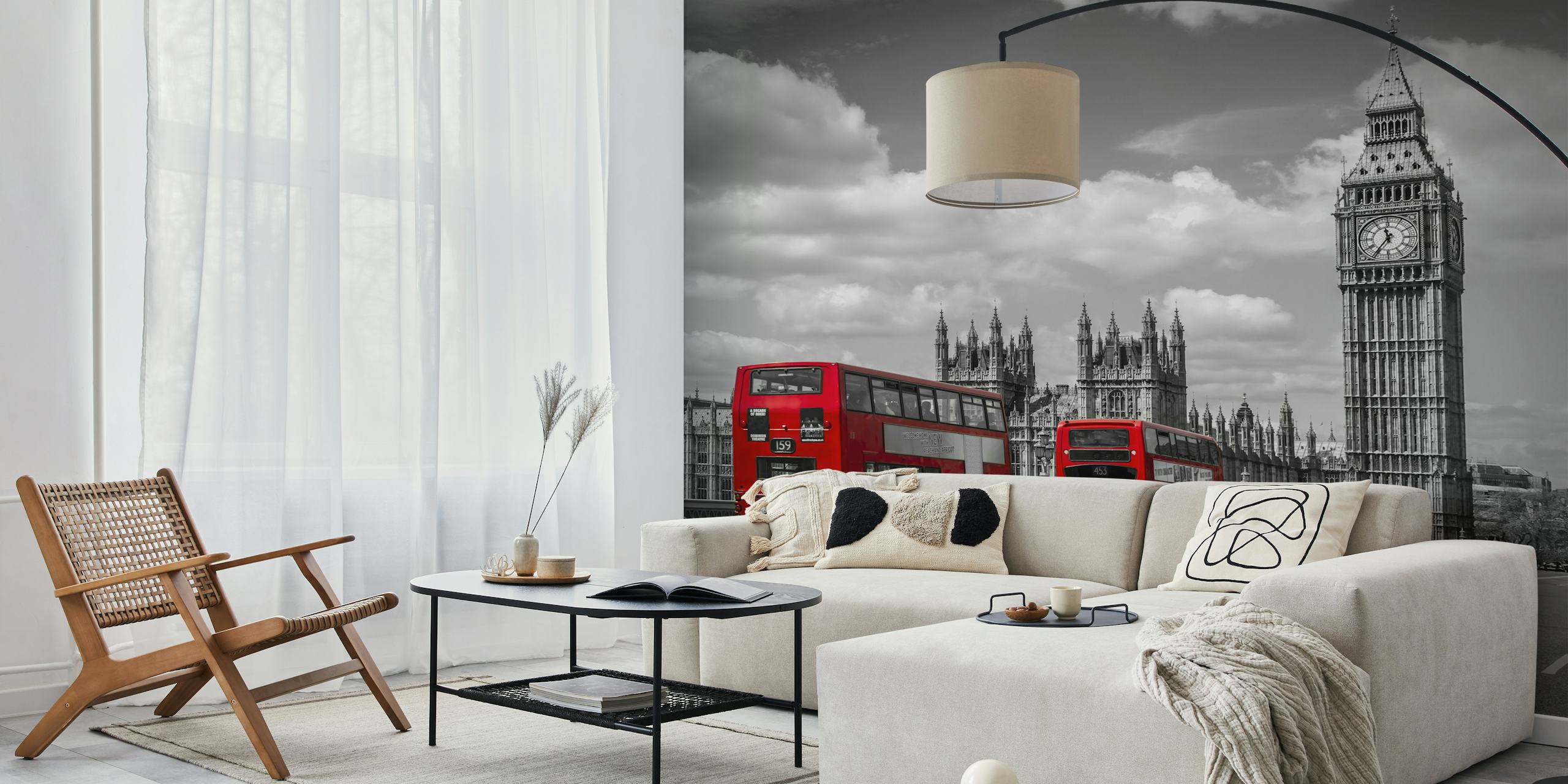 Typical London wallpaper with red buses and Big Ben