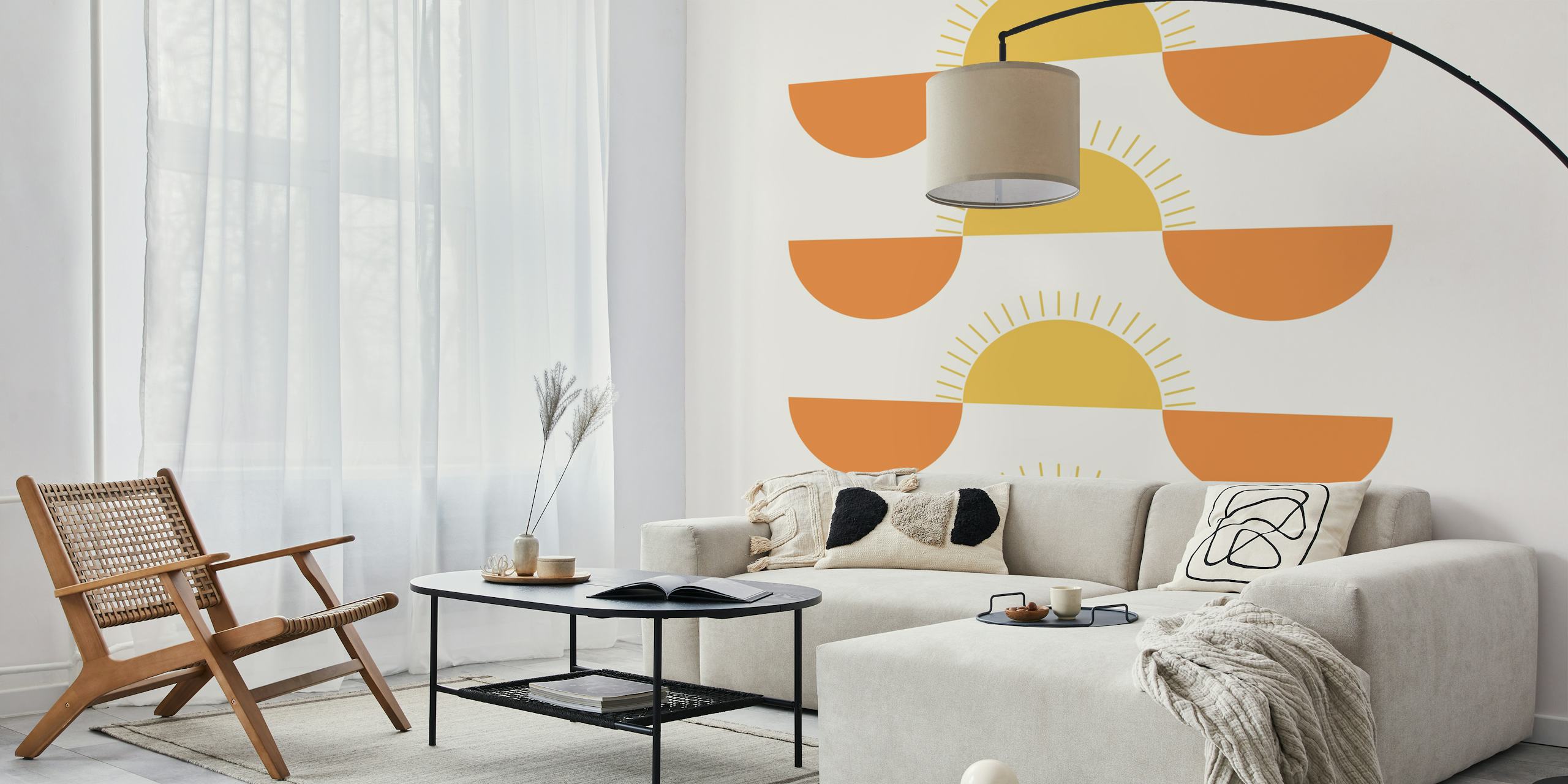 Graphic design of retro sun and half-moon shapes in orange and yellow wallpaper