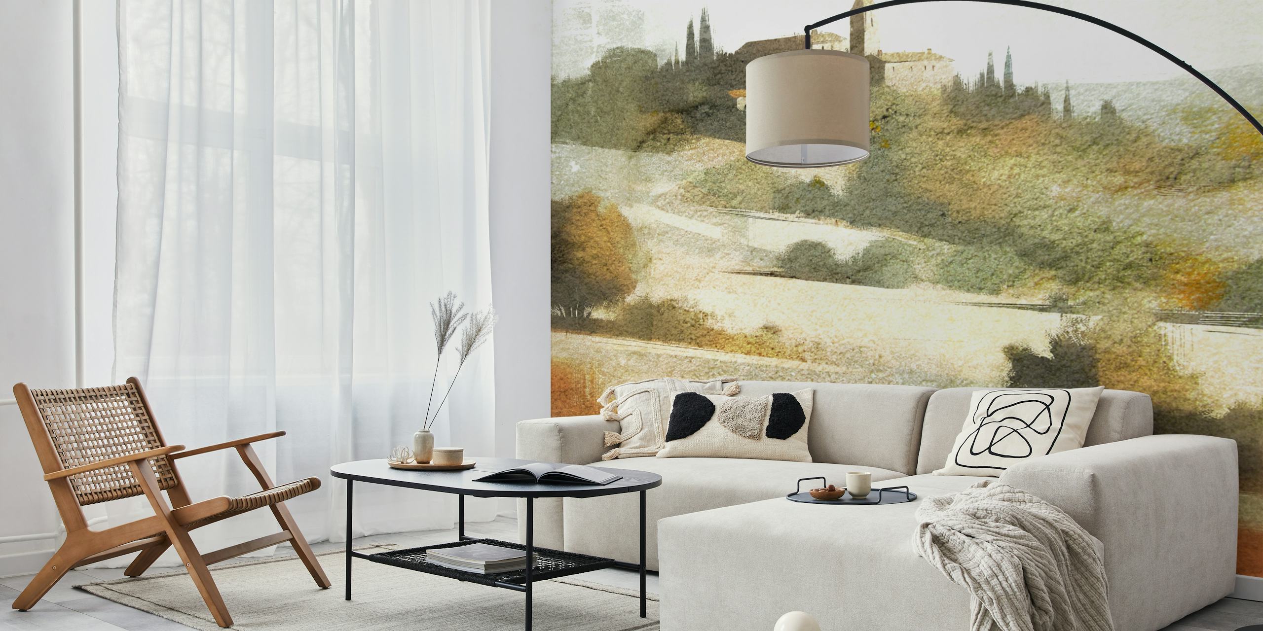 Watercolor Tuscan hillside landscape wallpaper