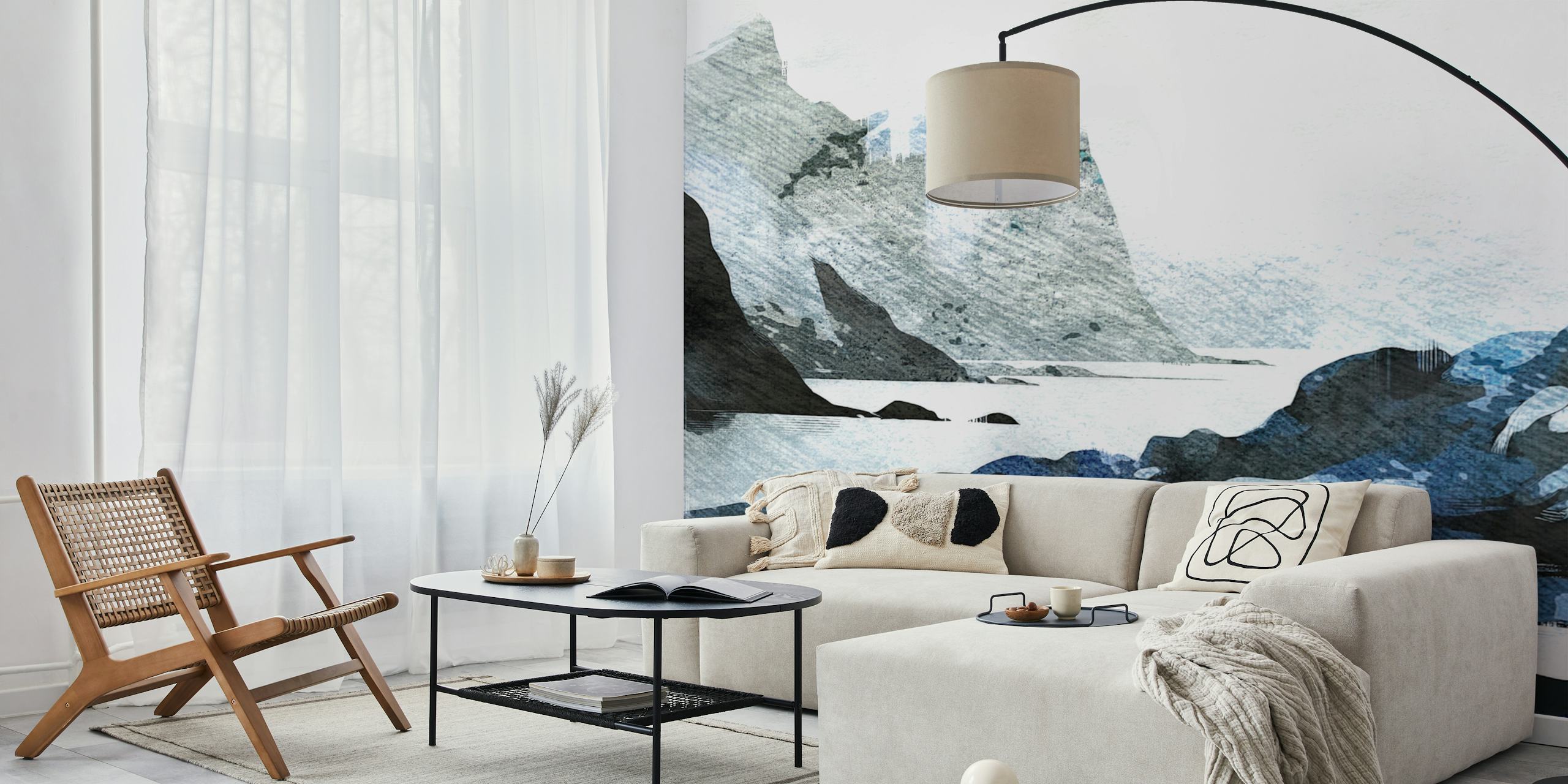 Watercolor Arctic landscape scene with blue and gray hues wallpaper