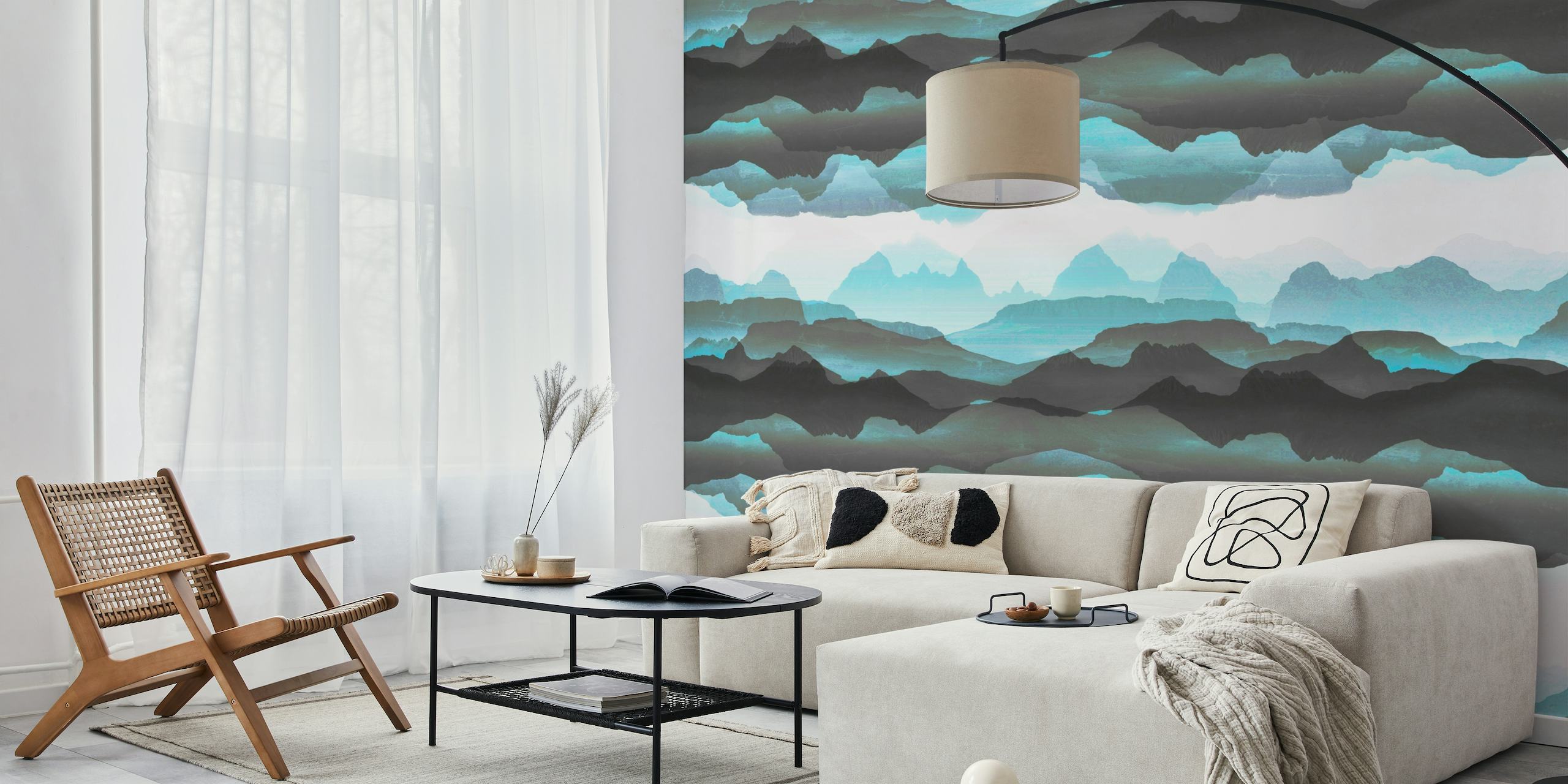 Abstract faded turquoise mountain ranges wall mural