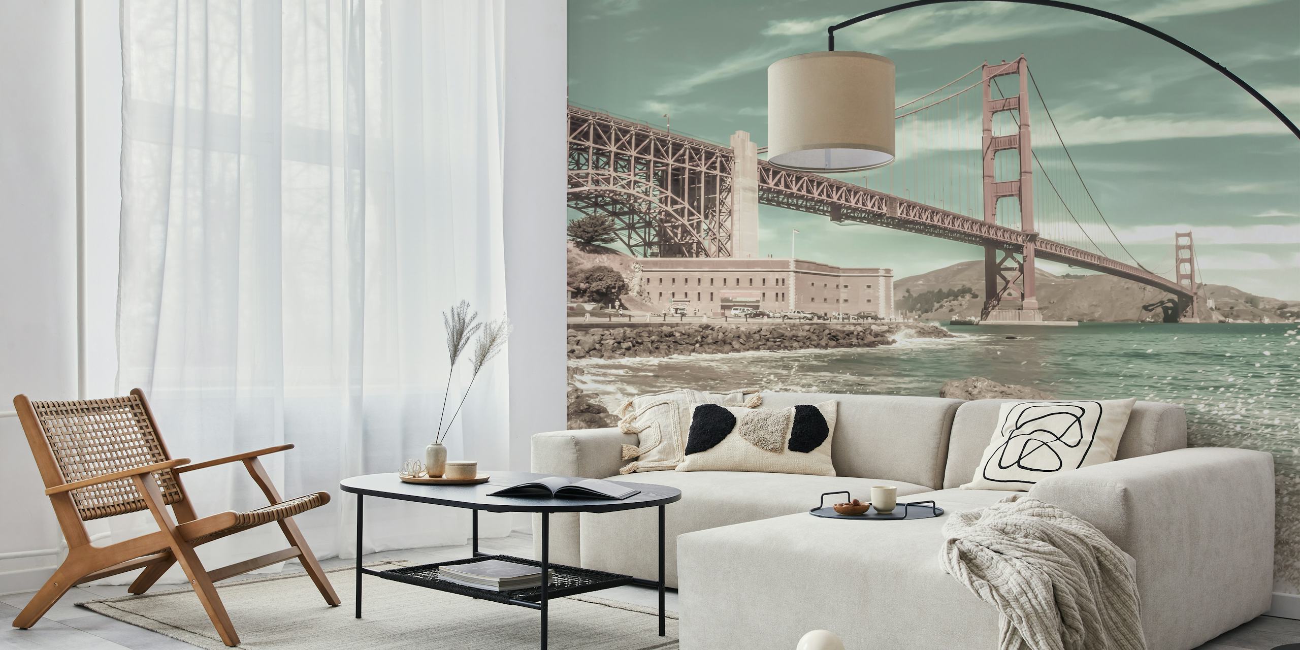 Golden Gate Bridge over coastline with waves, vintage style wallpaper