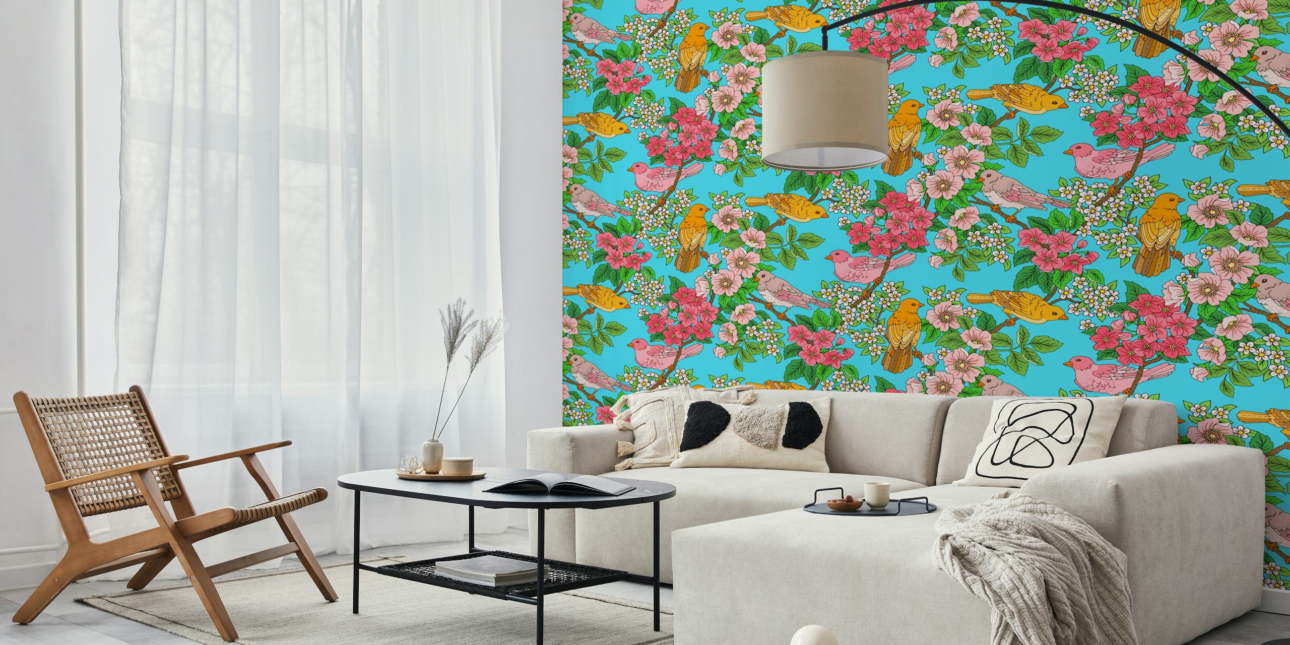 Papel de parede com pássaros e flores em um quarto