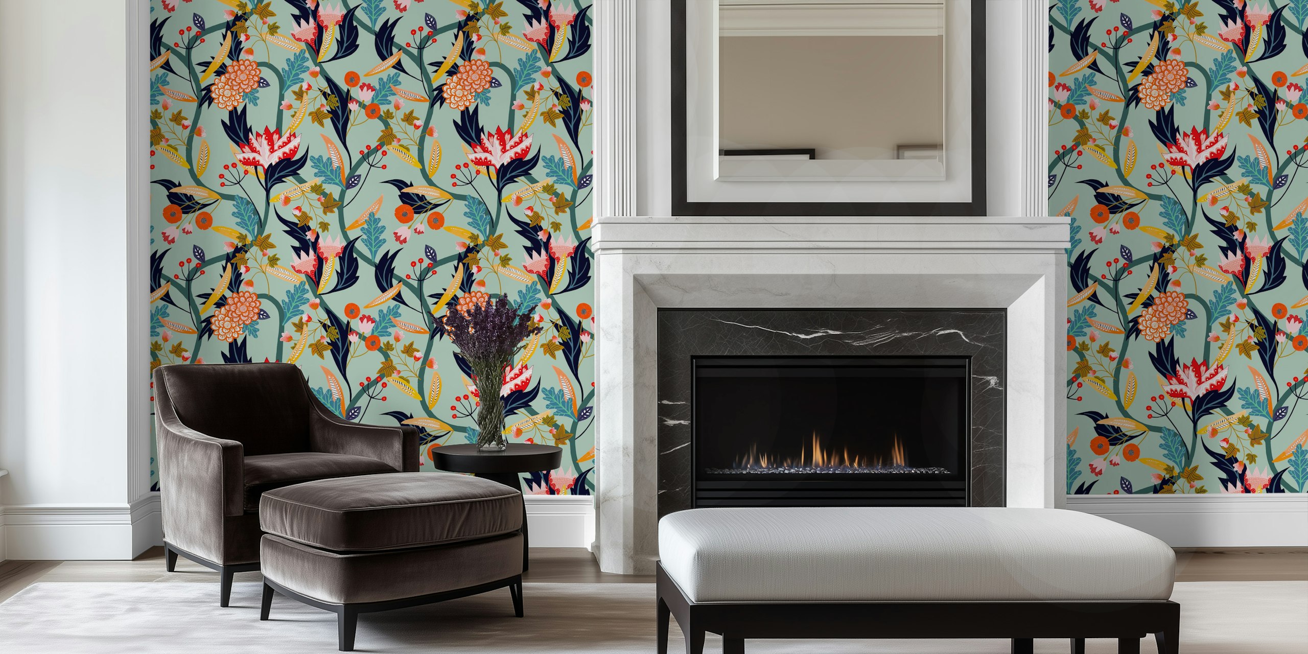 Floral stems and leaves in sage mint, pink, and navy wallpaper