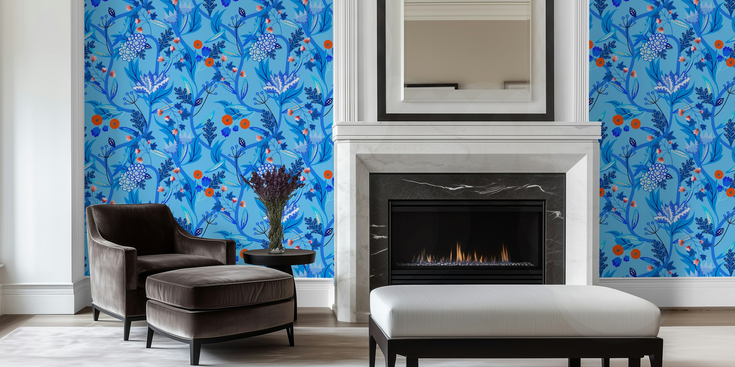 Blue floral design with various flowers and leaves wallpaper